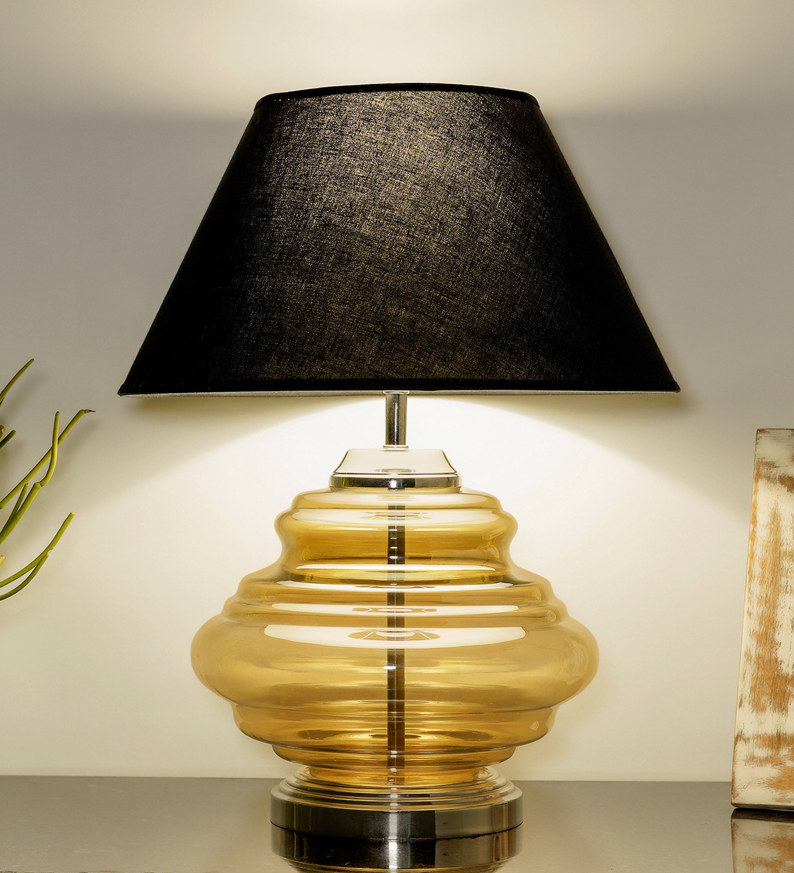 Gilford Black Cottan Fabric Shade Night Lamp With Metal & Glass Base