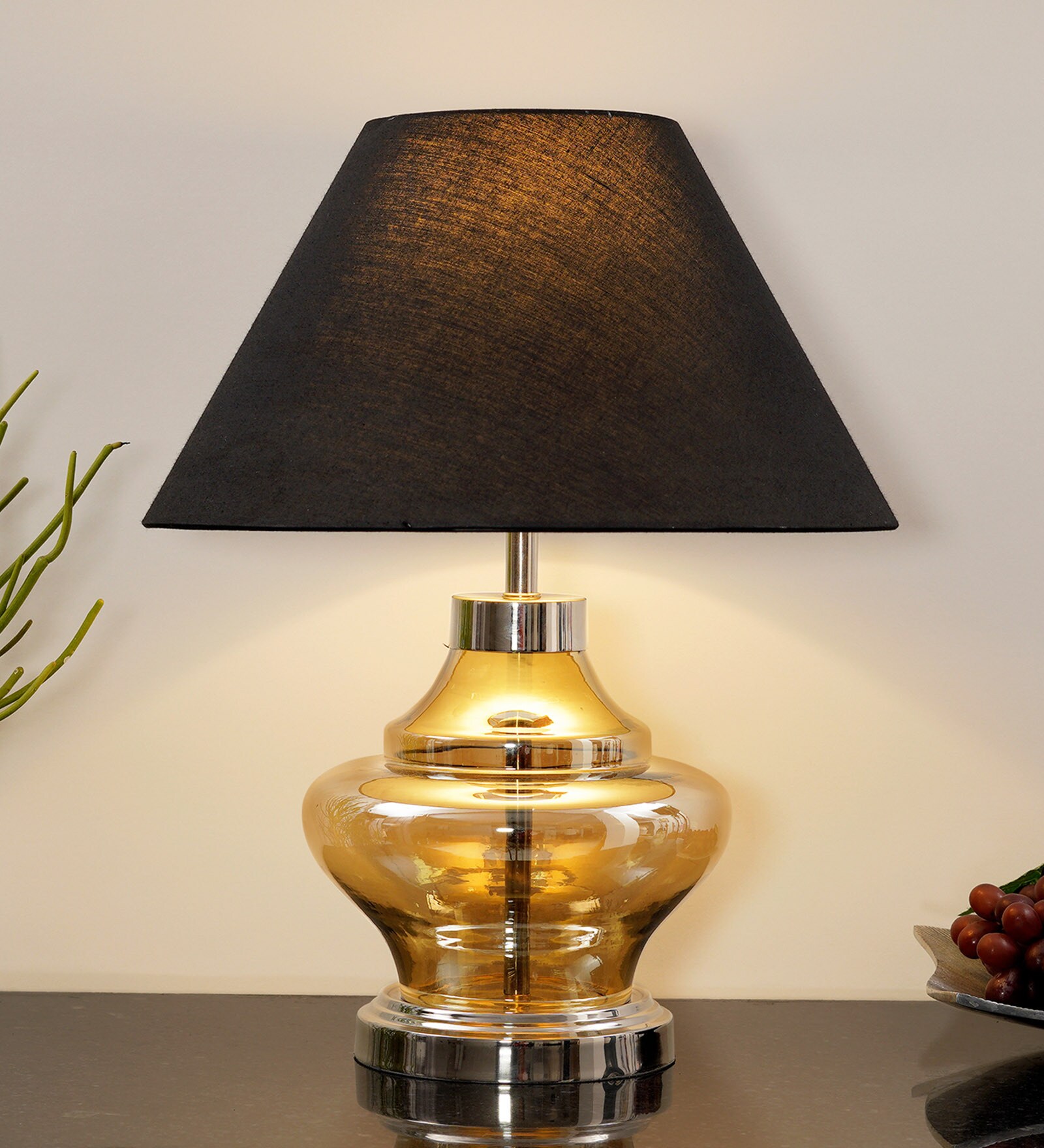 Dynamic Black Cottan Fabric Shade Night Lamp With Metal & Glass Base