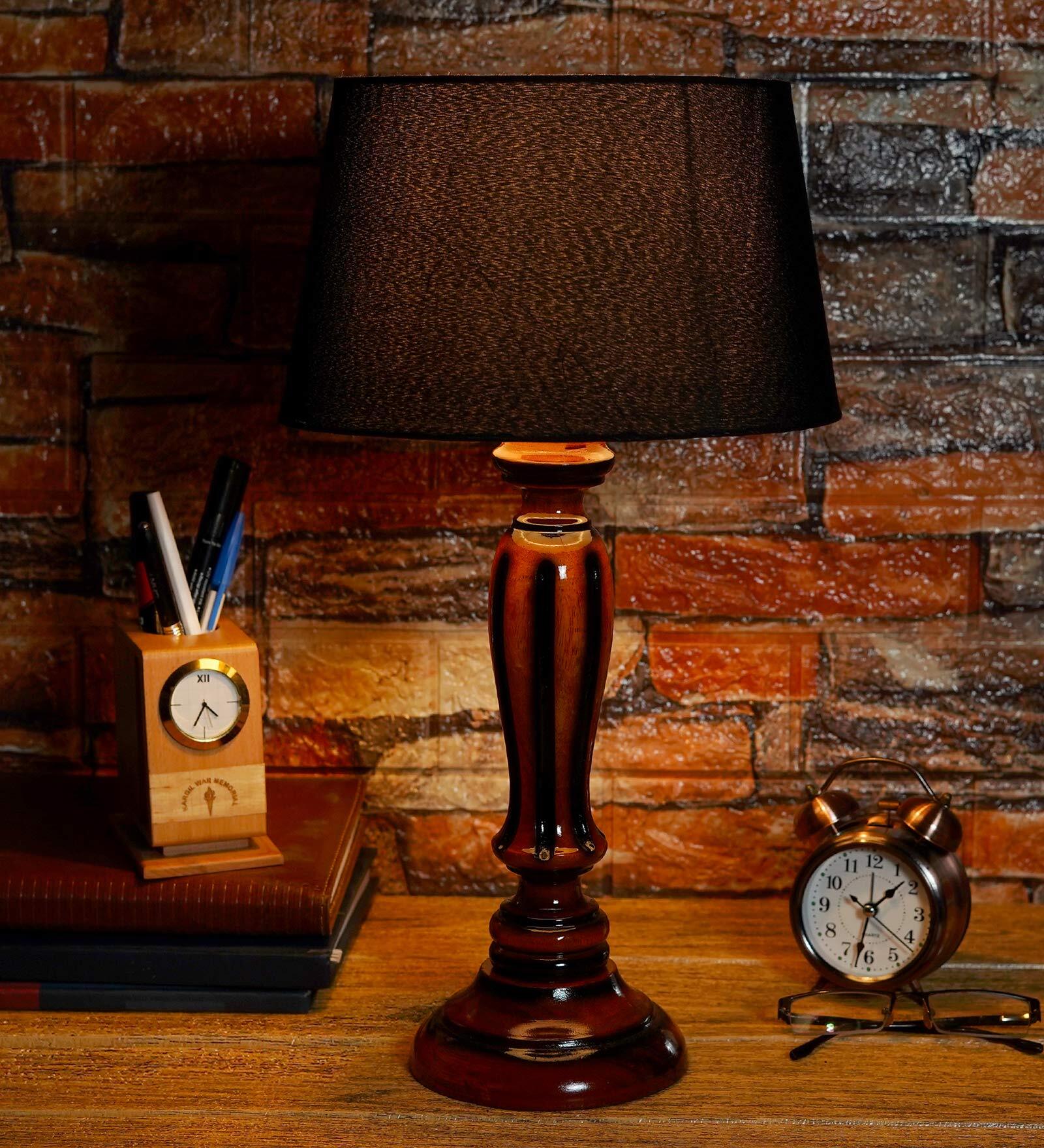 Healy Black Fabric Shade Night Lamp With Wood Base