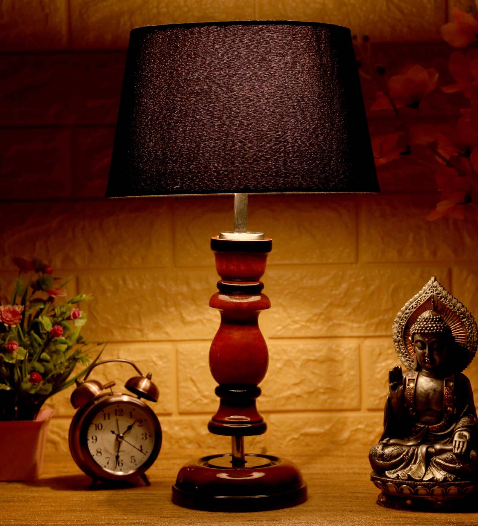 Genoa Black Fabric Shade Night Lamp With Wood Base
