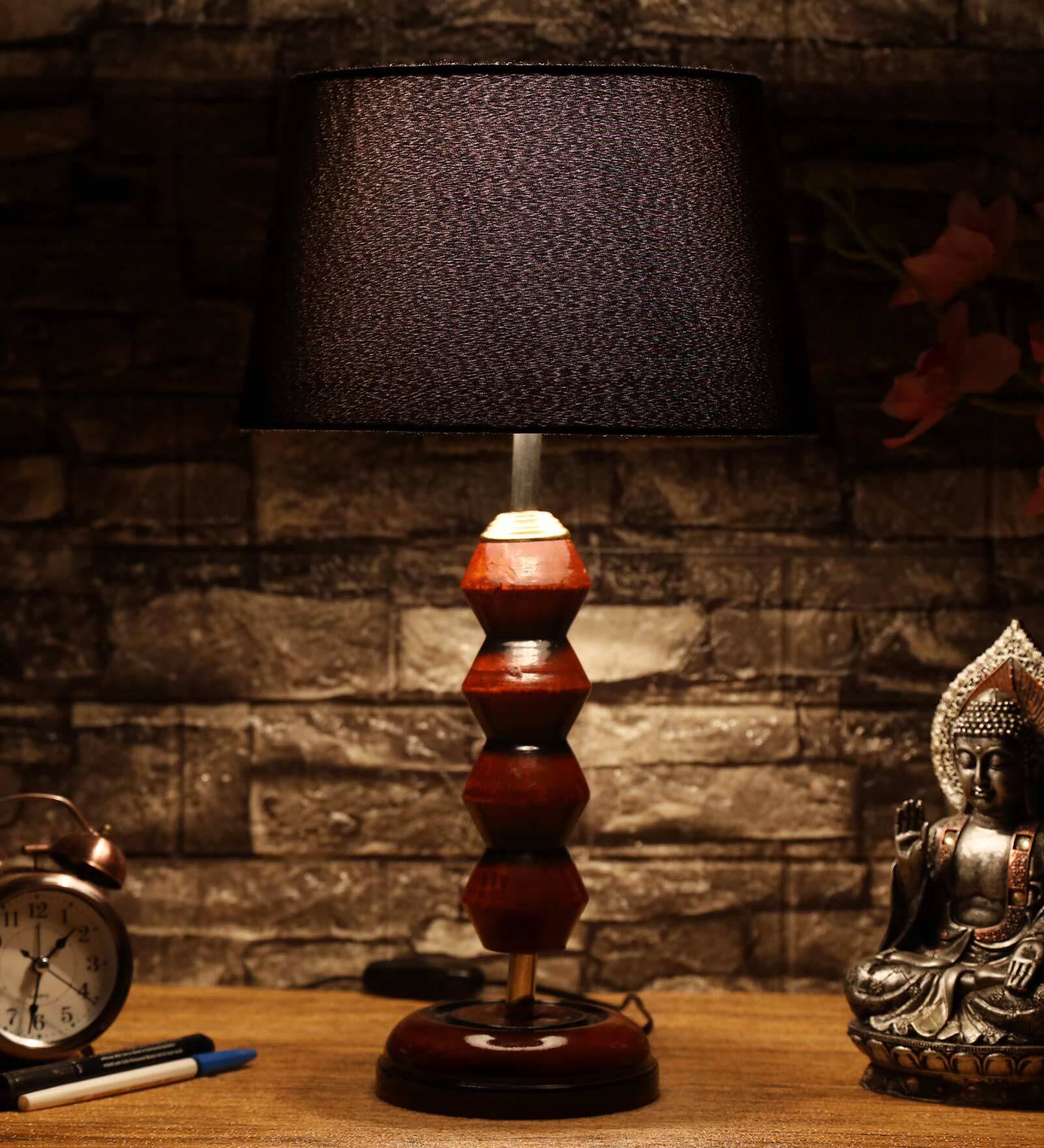 Bolanzo Black Fabric Shade Night Lamp With Wood Base