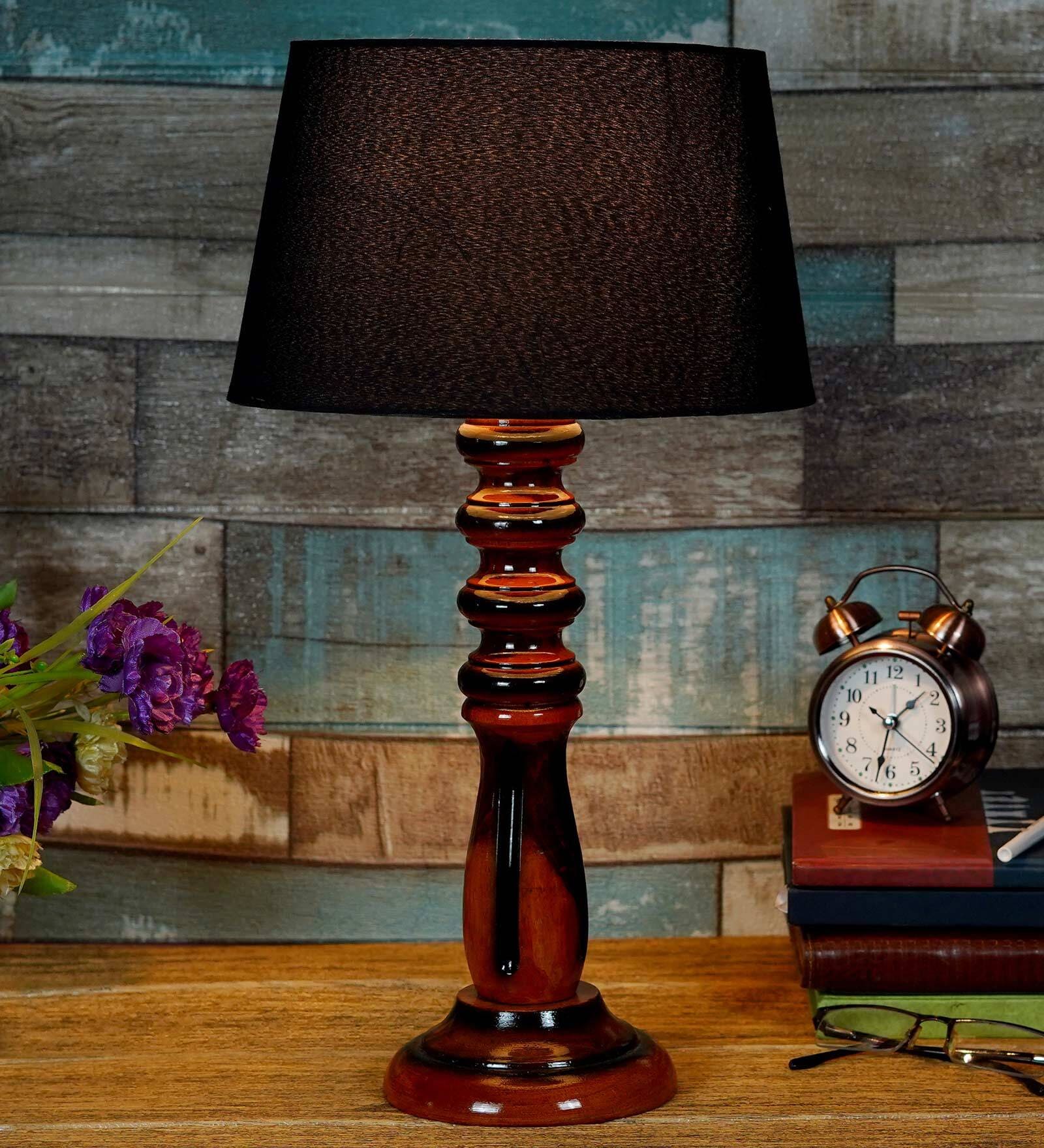 Moby Black Fabric Shade Night Lamp With Wood Base