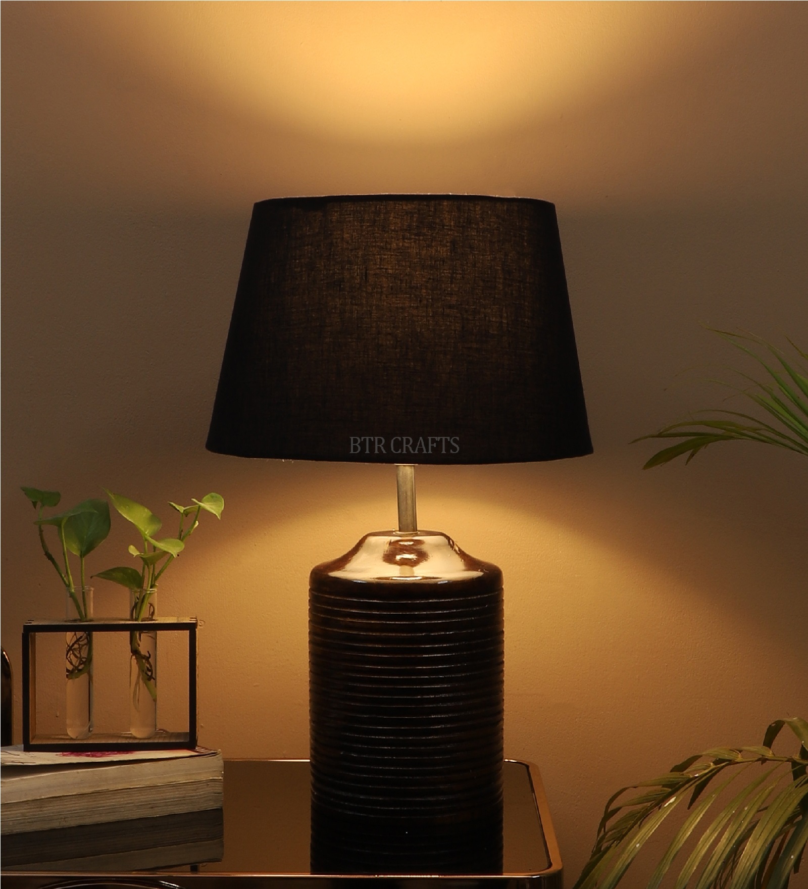 Sanna Black Fabric Shade Night Lamp With Wood Base