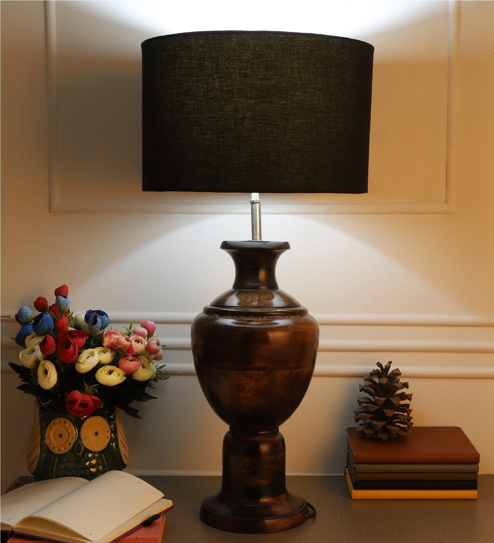 Naeva Black Fabric Shade Night Lamp With Wood Base