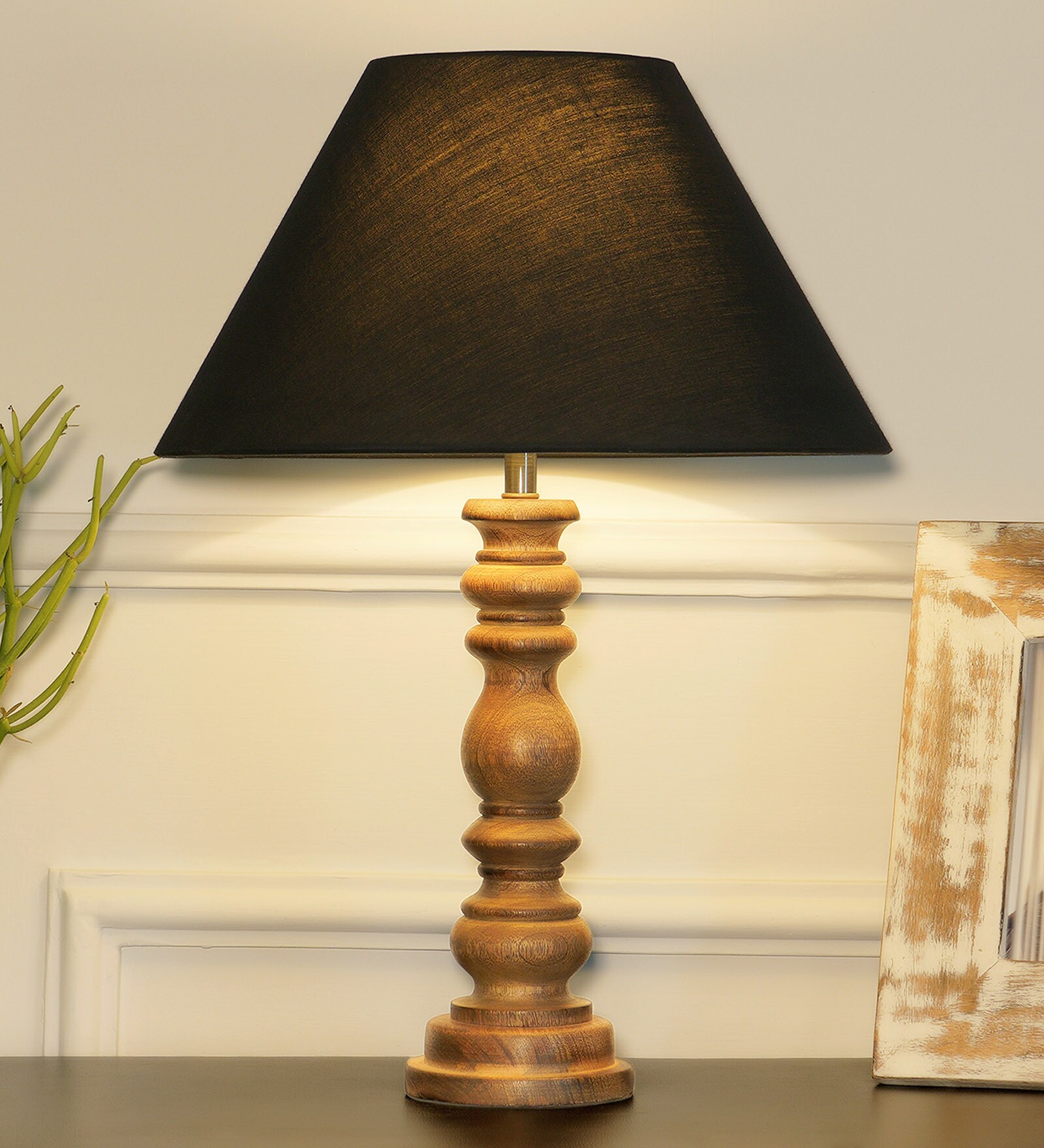 Mace Black Cottan Fabric Shade Night Lamp With Wood Base