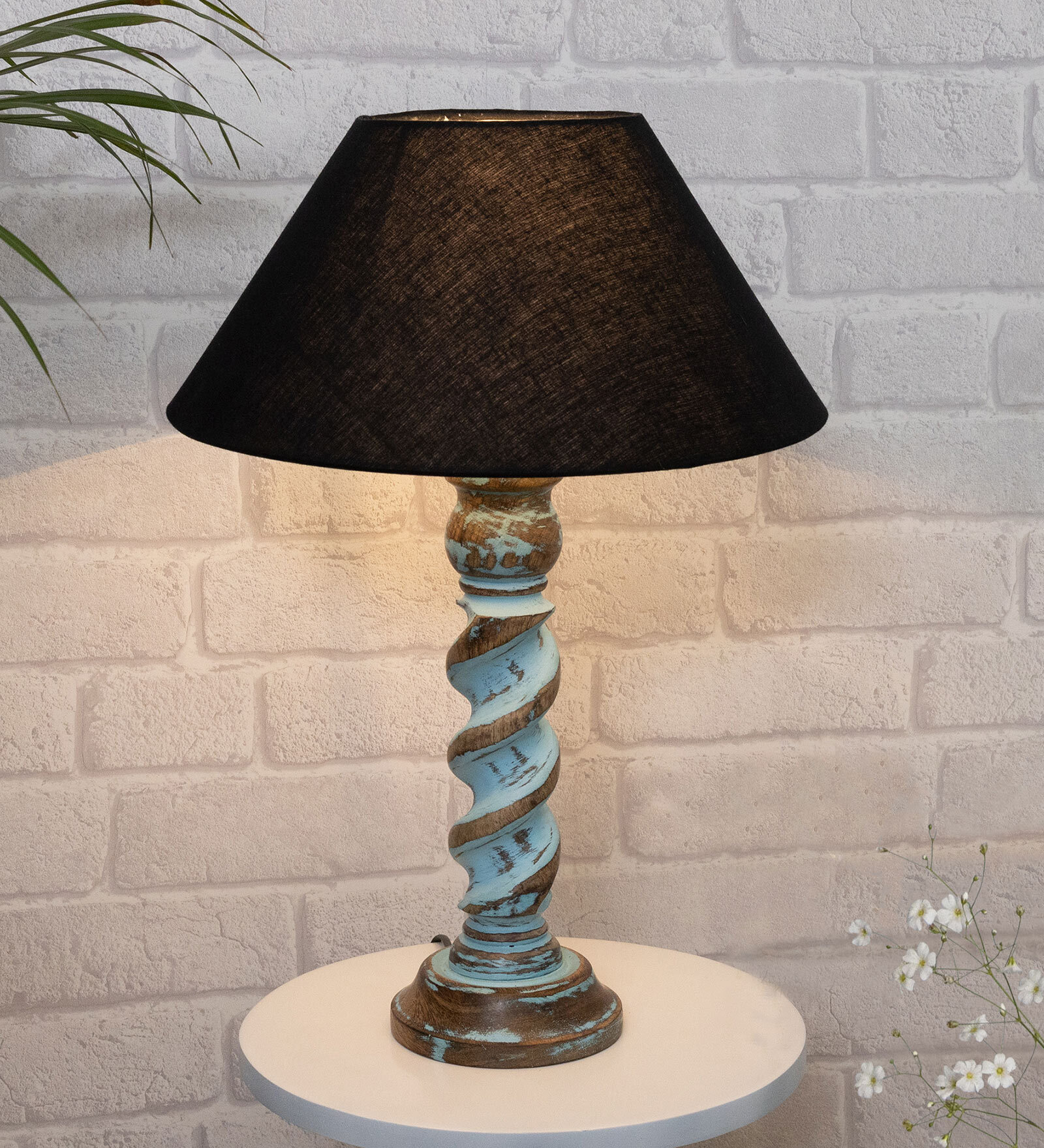 Black Shade Table Lamp With Wooden Base