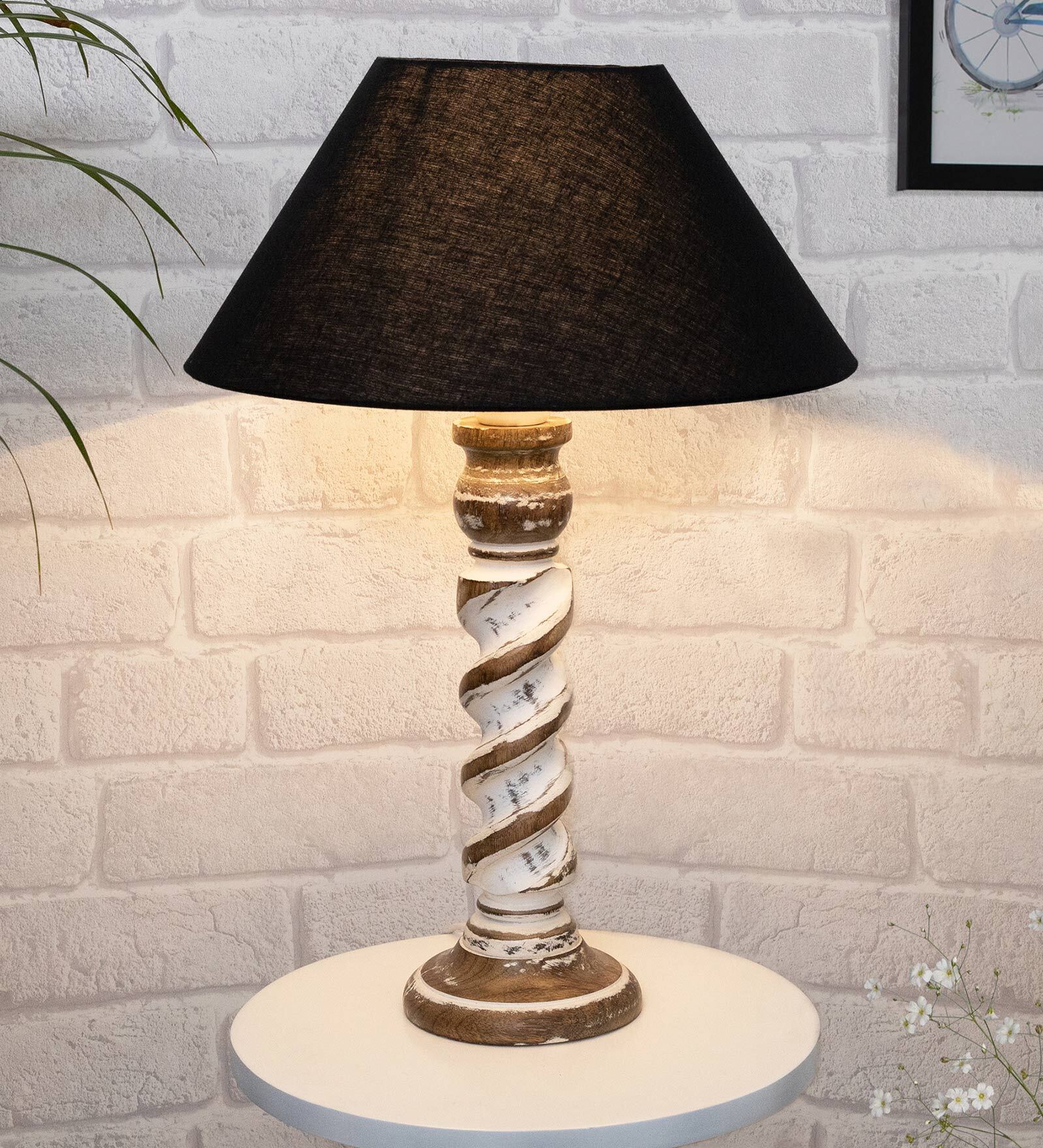 Black Shade Table Lamp With Wooden Base