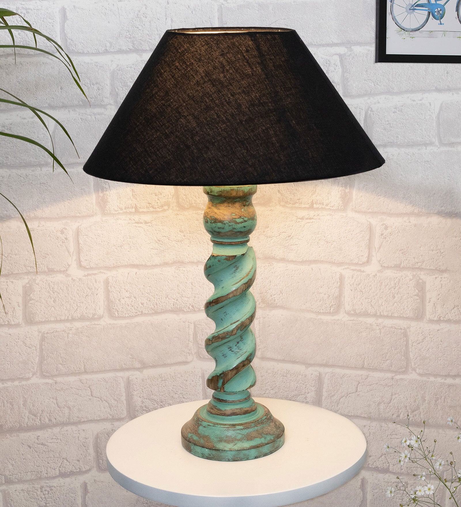 Black Shade Table Lamp With Wooden Base