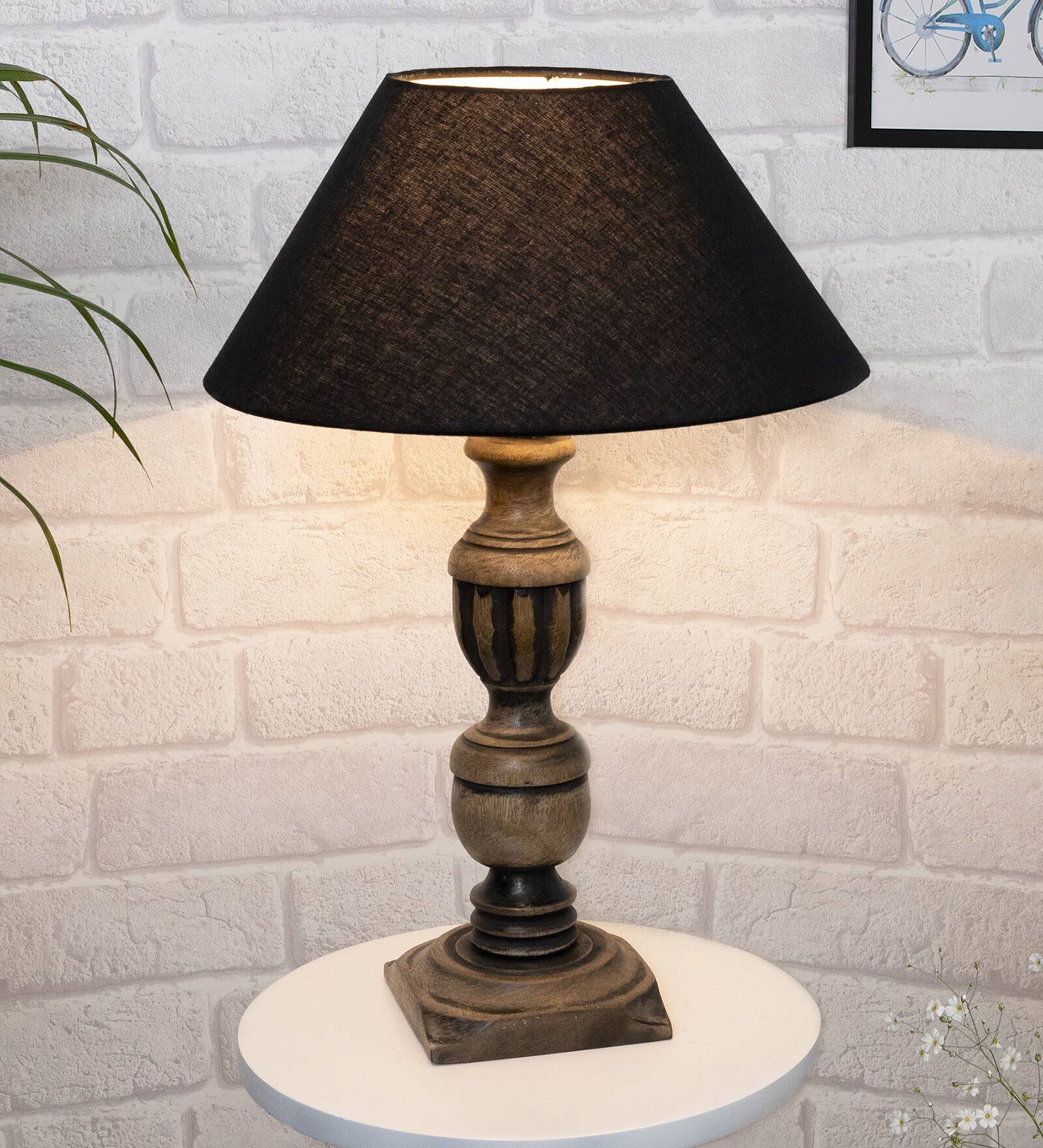 Black Shade Table Lamp With Wooden Base