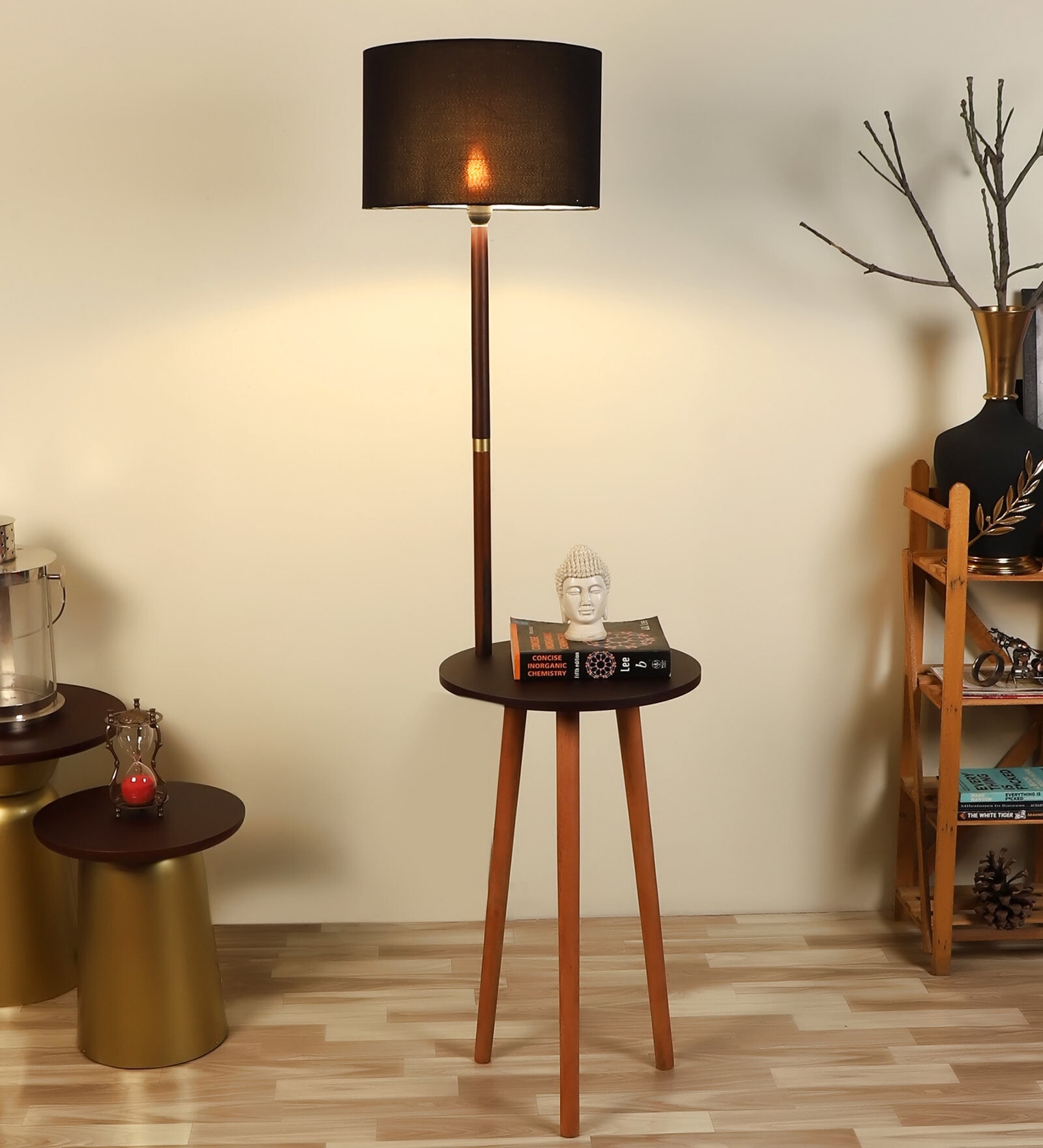 Black Silk Lenin Shade Shelf Floor Lamp with Walnut Base