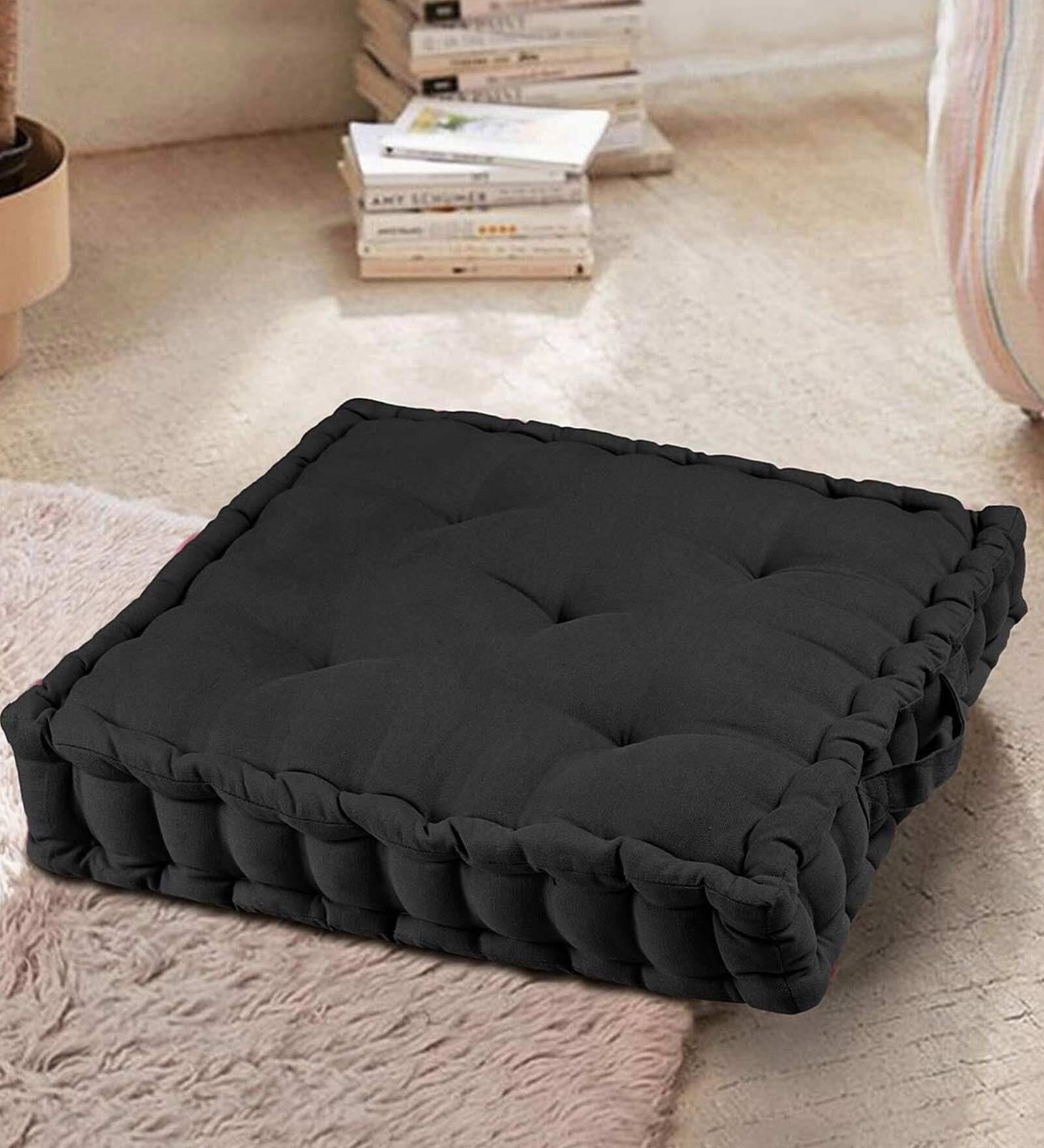 Black Solid Cotton 16x16 Inches Floor Cushion
