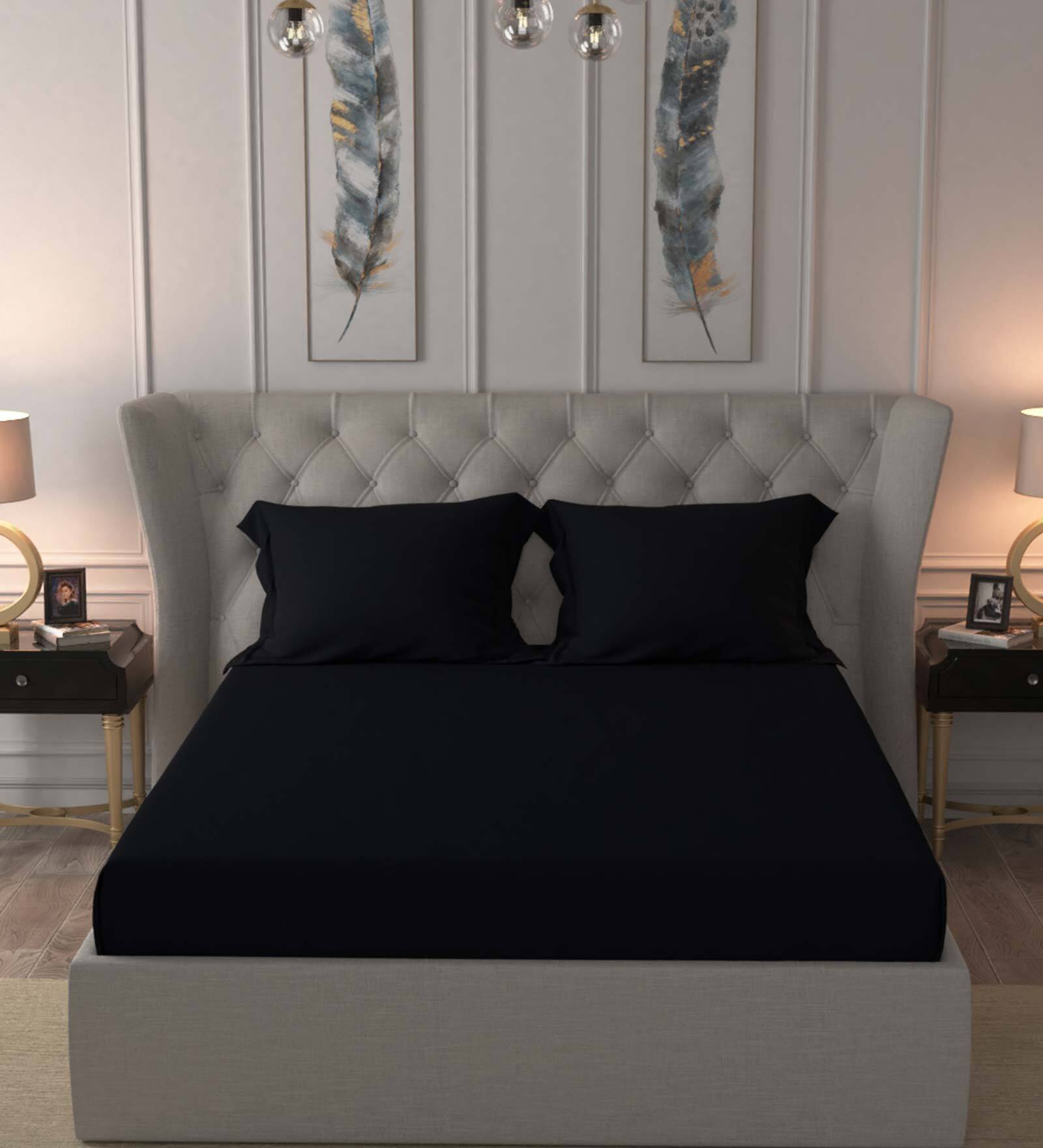 Buy Black Solid 300 TC Cotton King Sized Bed Sheets with 2 Pillow