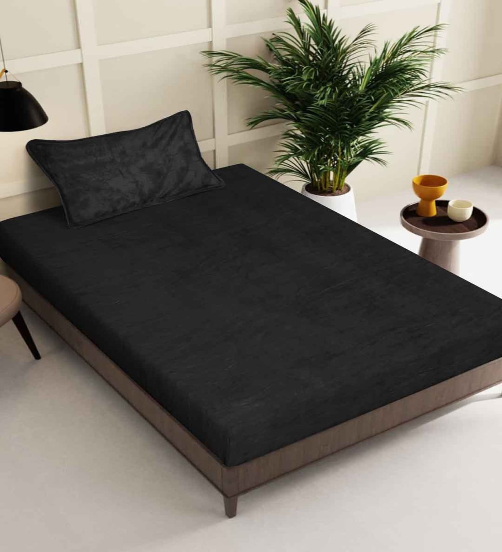 Black Solid 300 TC Wool Single Bedsheet with Pillow cover