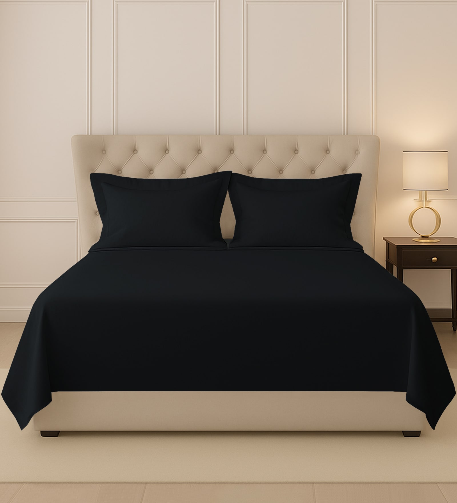 Black Solid 400 TC Cotton King Sized Bedsheet with 2 Pillow Covers