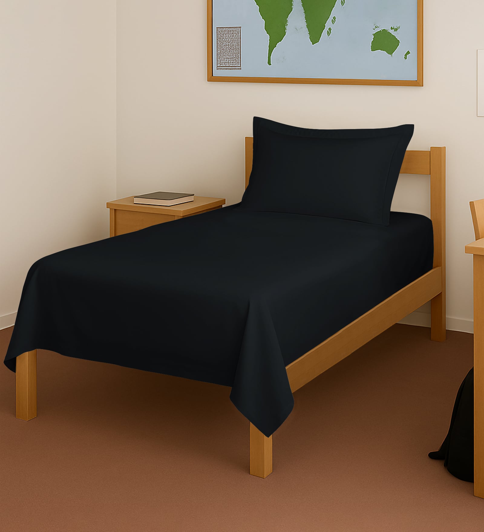 Black Solid 400 TC Cotton Single Sized Bedsheet with 1 Pillow Cover