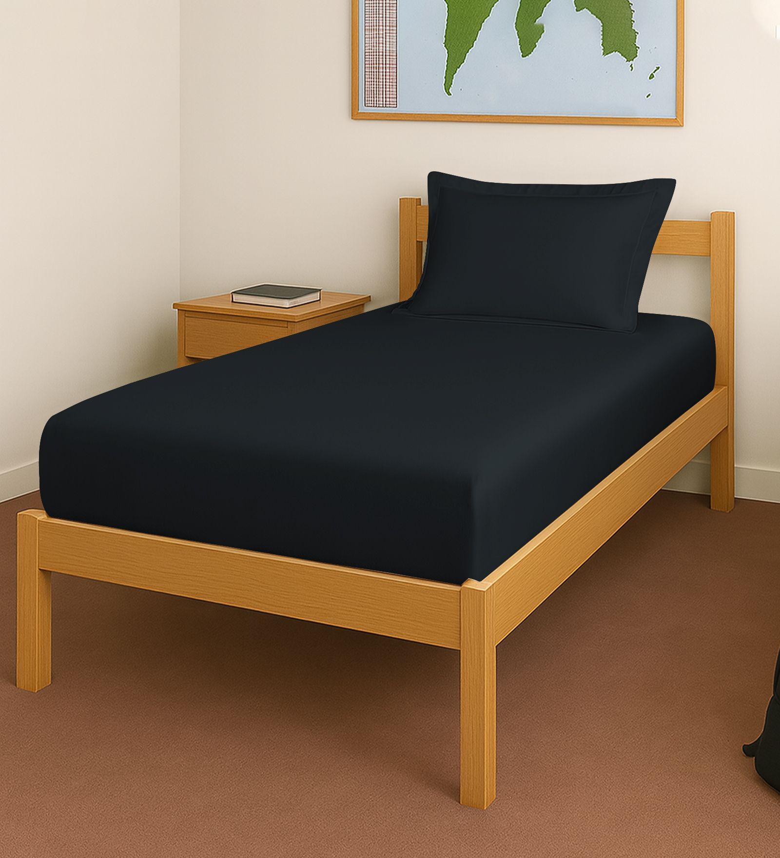 Black Solid 400 TC Cotton Single Sized Fitted sheet with 1 Pillow Cover