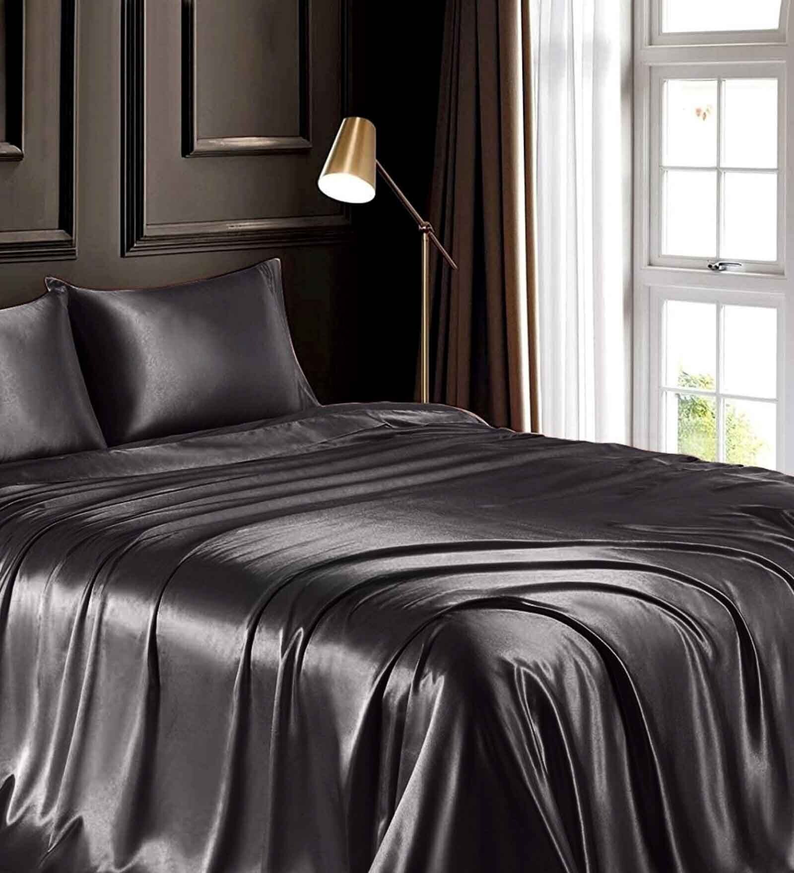 Black Solid 400 TC Satin Queen Fitted Bedsheet with 2 Satin Pillow covers