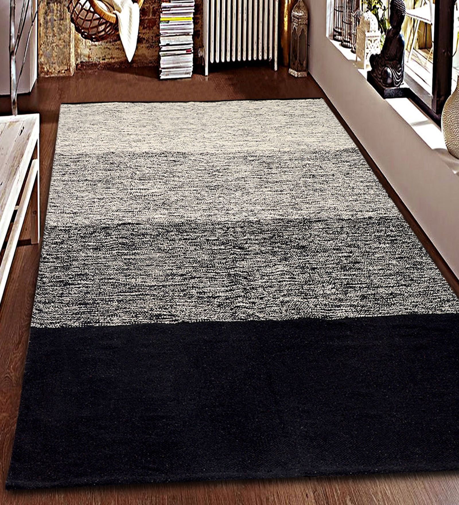 Black Cotton Hand Woven 5 X 7 Feet Dhurrie