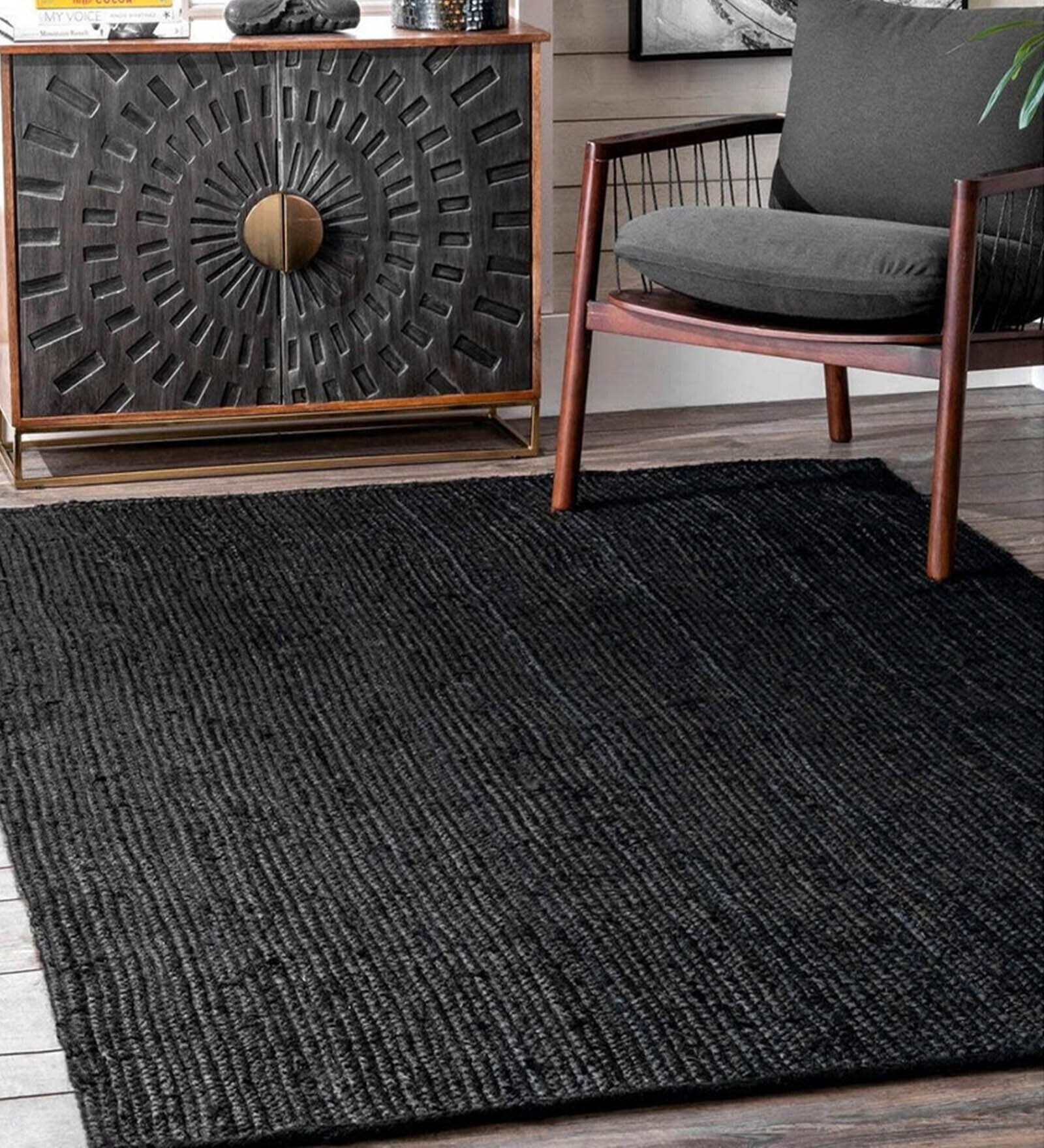 Black Solid Jute 3 ftx5 ft Hand Woven Carpet