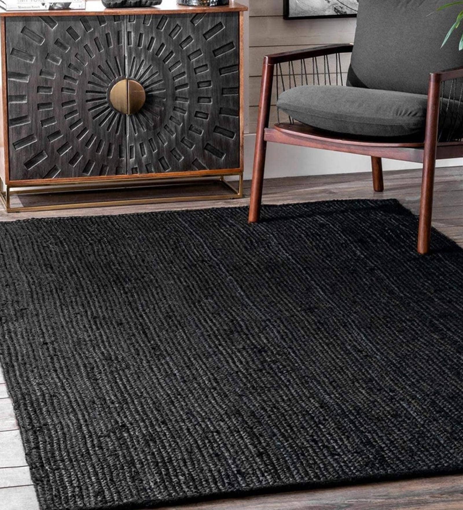 Black Solid Jute 4 ft x 6 ft Hand Woven Carpet