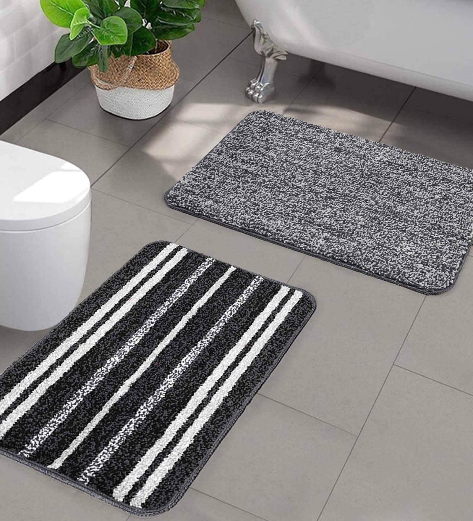 Black Geometric Microfibre 20x14 Inches AntiSkid Bath Mats (Set of 2)