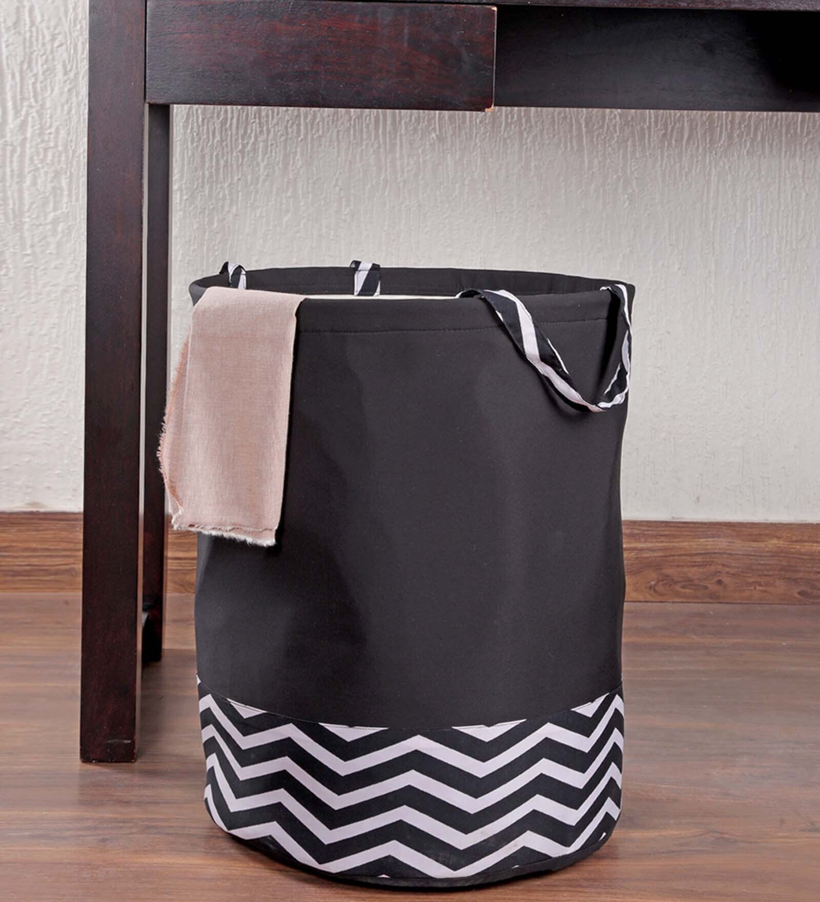 Black Striped Polyester Foldable 45 Litres Laundry Basket