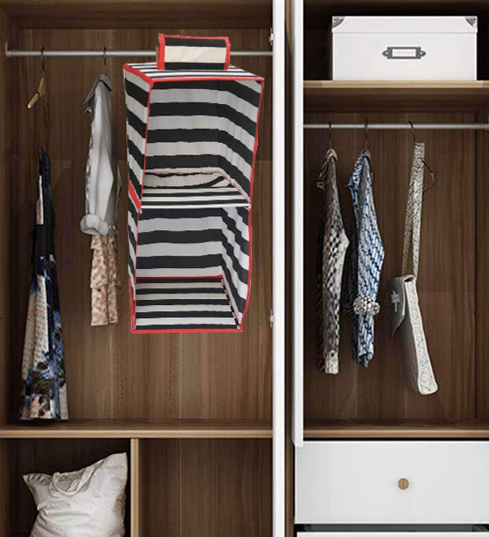 White & Black striped Polyester  Foldable Hanging Cloth Organiser With 2 Shelves