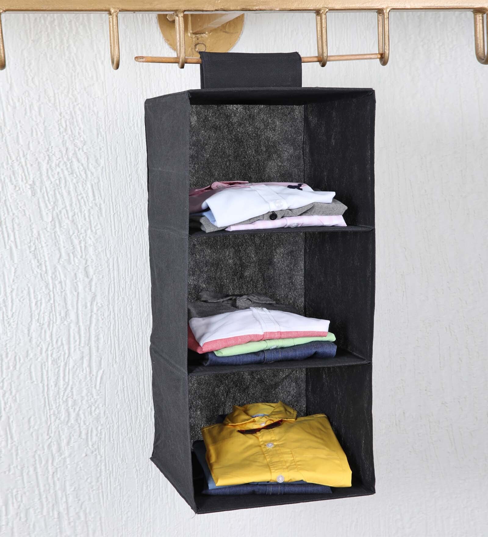 Black solid Polypropylene  Foldable Collapsible Cupboard Hanging Cloth Organiser With 3 Shelves