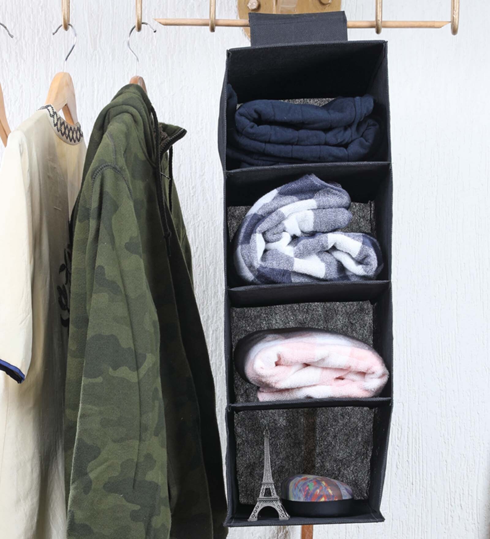 Black Solid Polypropylene  Foldable Collapsible Cupboard Hanging Cloth Organiser With 4 Shelves