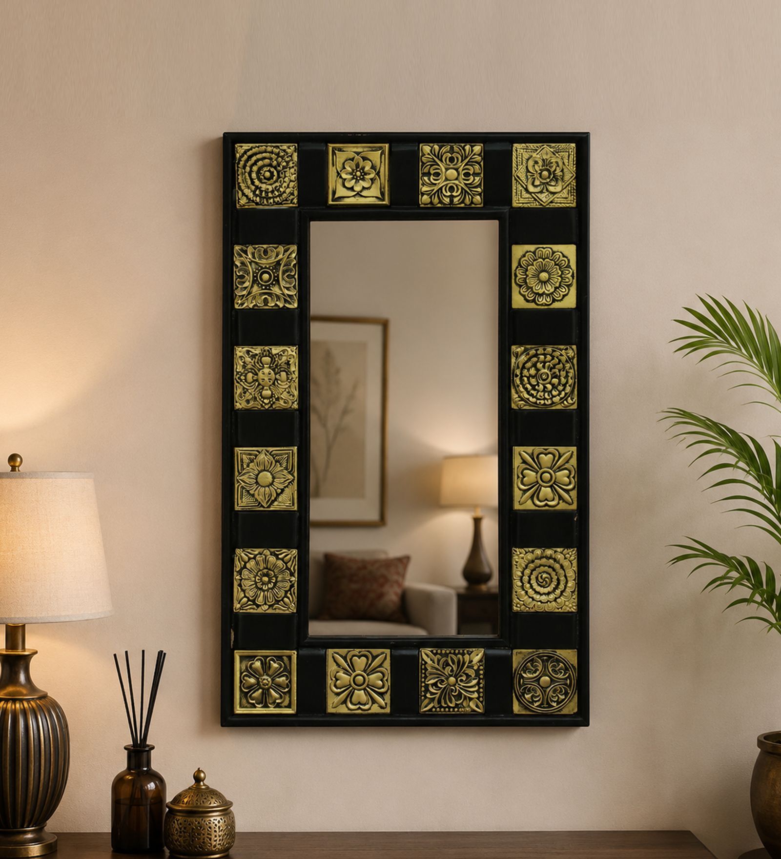 Black Solid Wood Black Mirror 3 Ft. Rectangular Wall Mirror