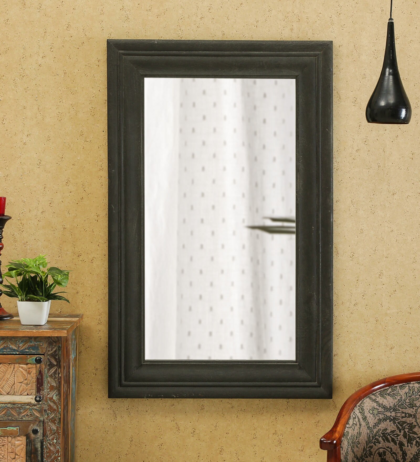 Black Solid Wood Center Wall Mirror