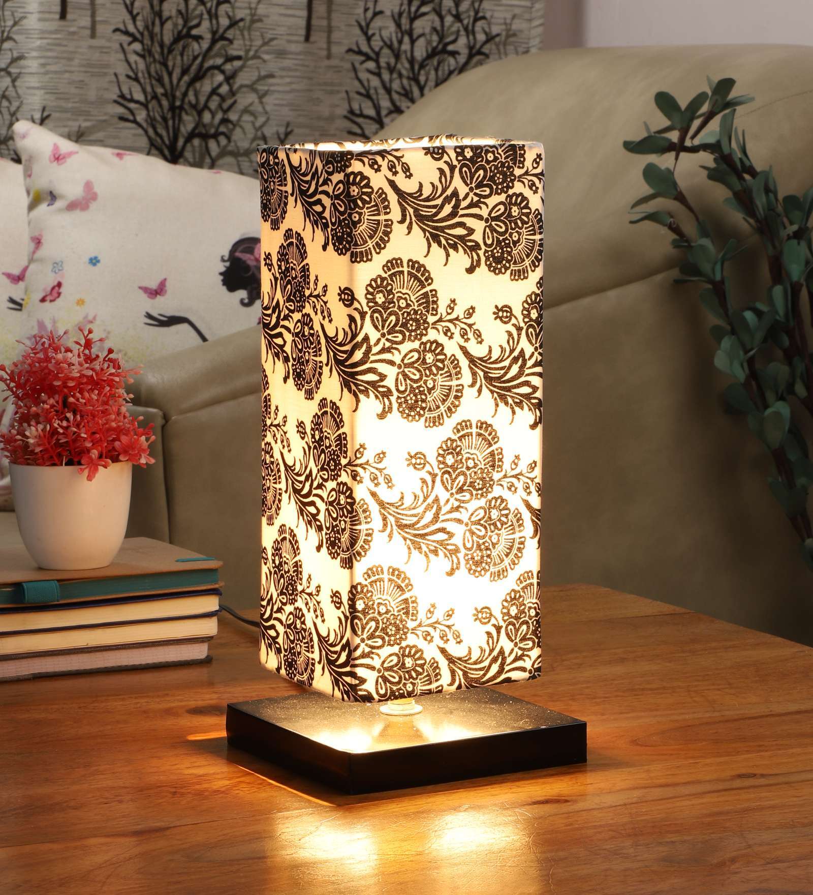 Buy Black Square metal base Table lamp with Filigree Print shade by Tu