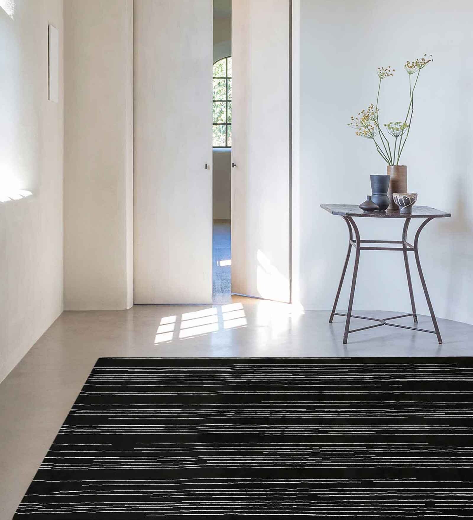 Black Stripes Blended Linen 4 ft x 6 ft Machine Made Carpet