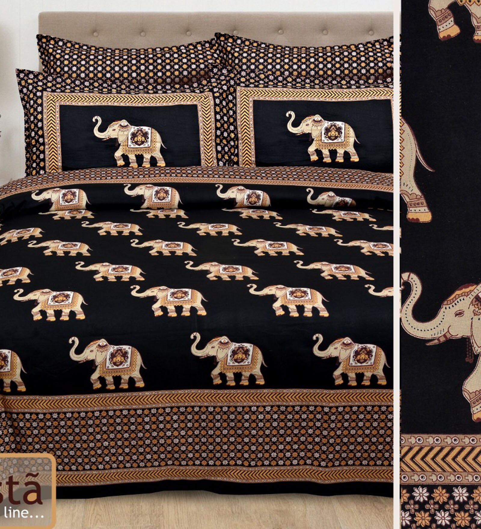 Buy Black Traditional 210 TC Cotton King Sized Bed Sheets with 2 Pillow