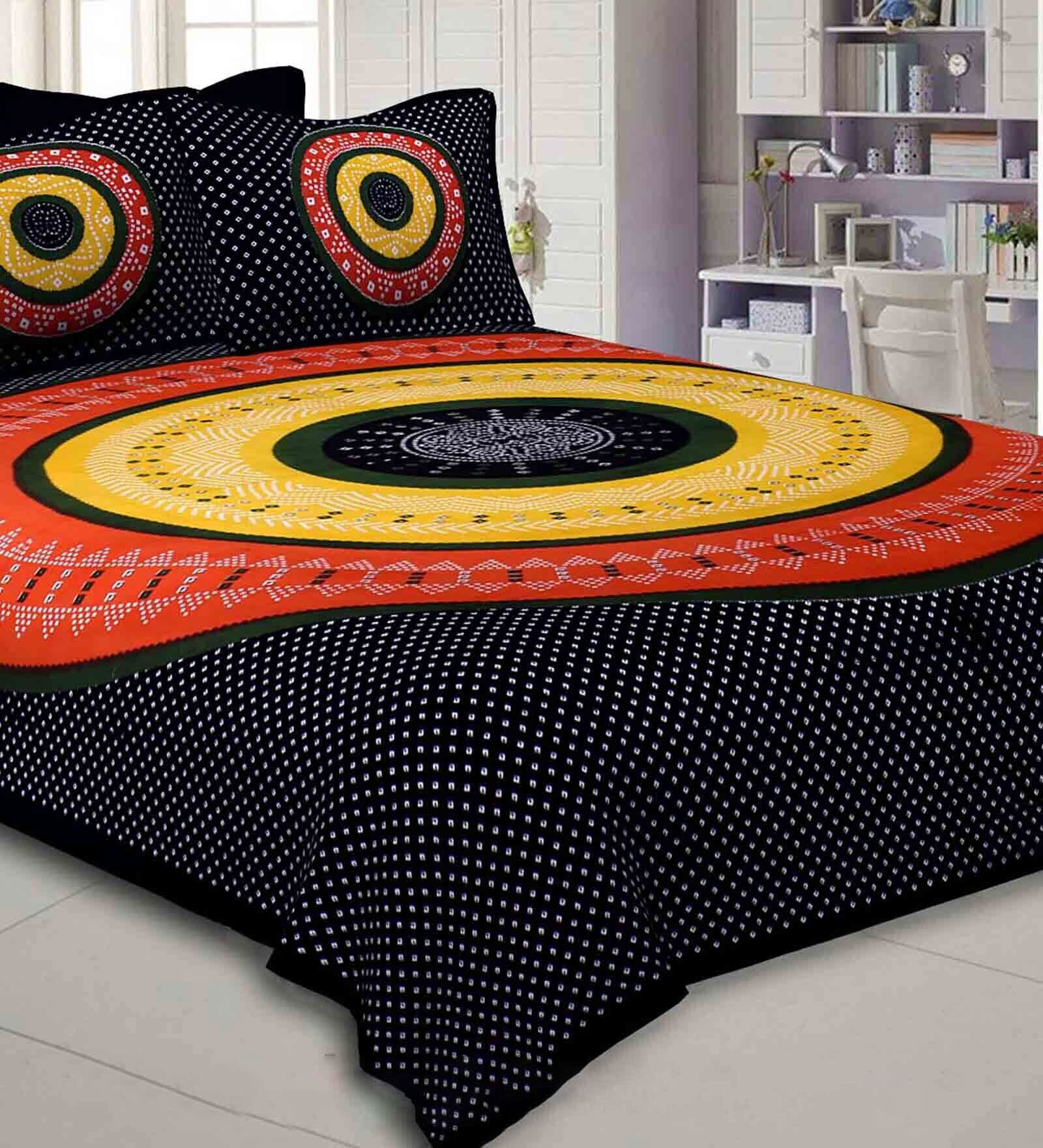 Black Traditional 240 TC Cotton 1 Double Bedsheet with 2 Pillow Covers
