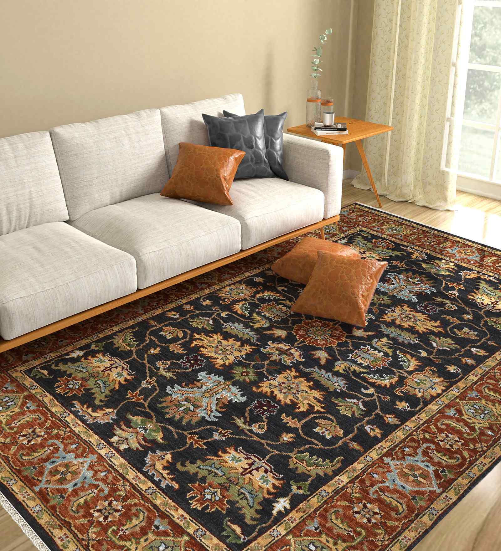 Black Traditional Wool 4x6 Feet  Handmade Rectangle Carpet