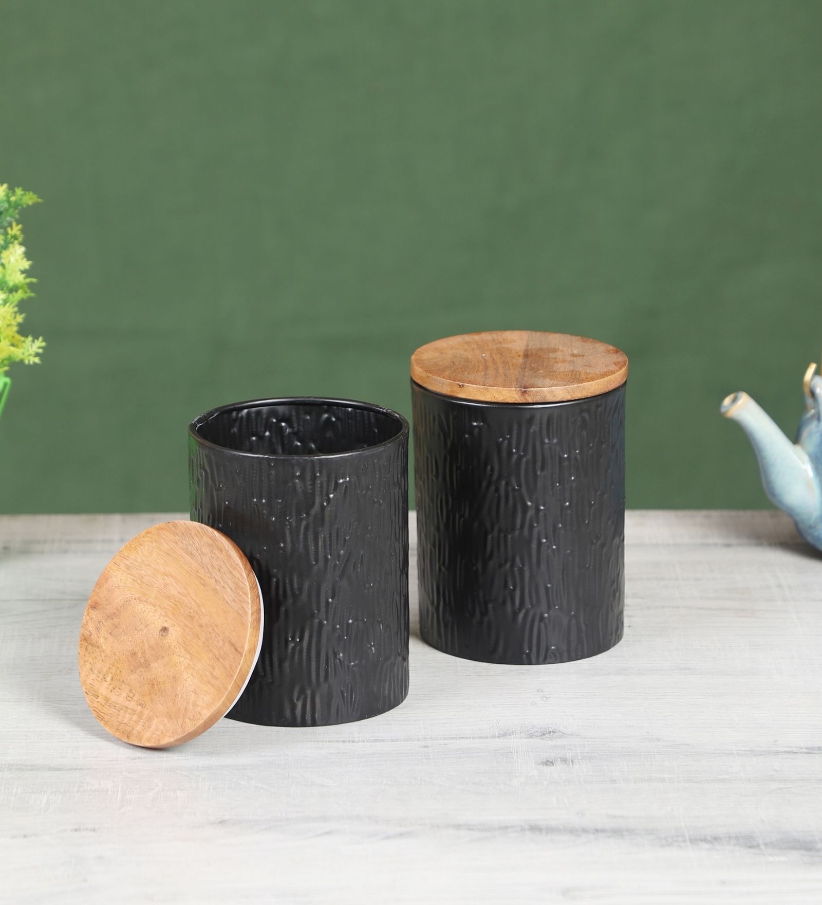 Black Tree Bark Wood & Metal (Set of 2) Storage Jars containers