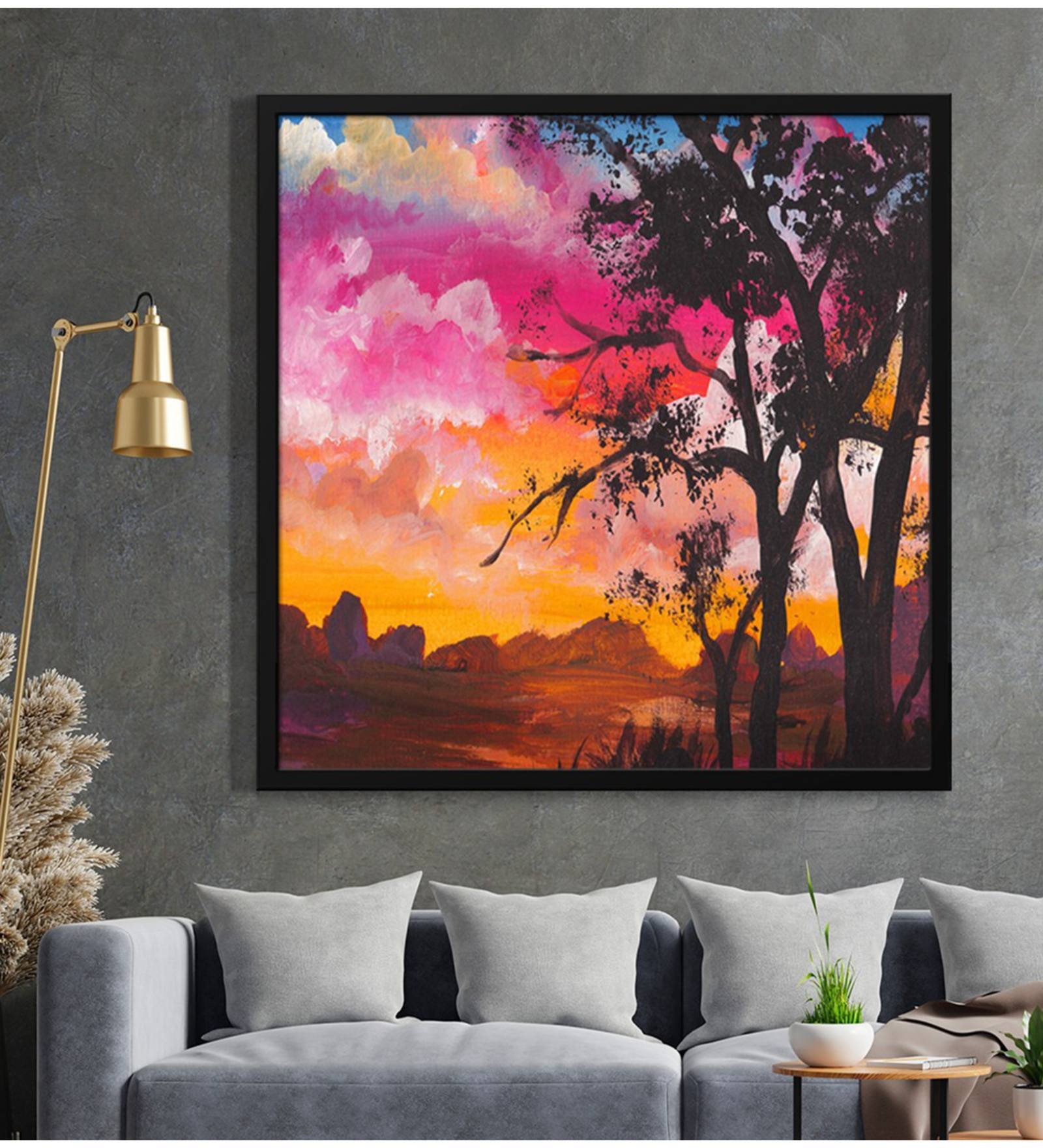 Black Tree With Multi Color Clouds Modern Art Canvas Art Print