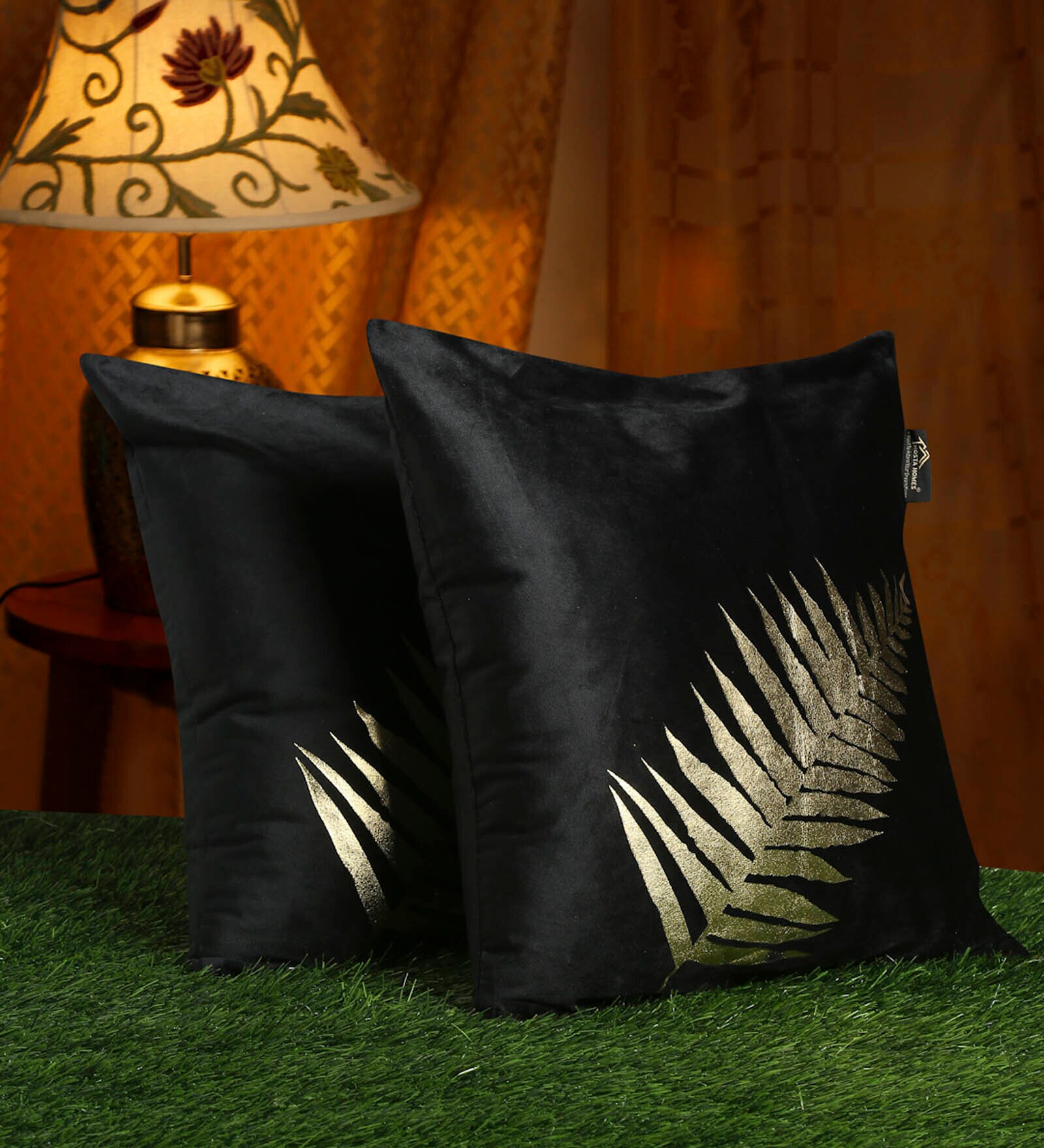 Black Floral Velvet 16 x 16 Inch Cushion Covers (Set of 2)