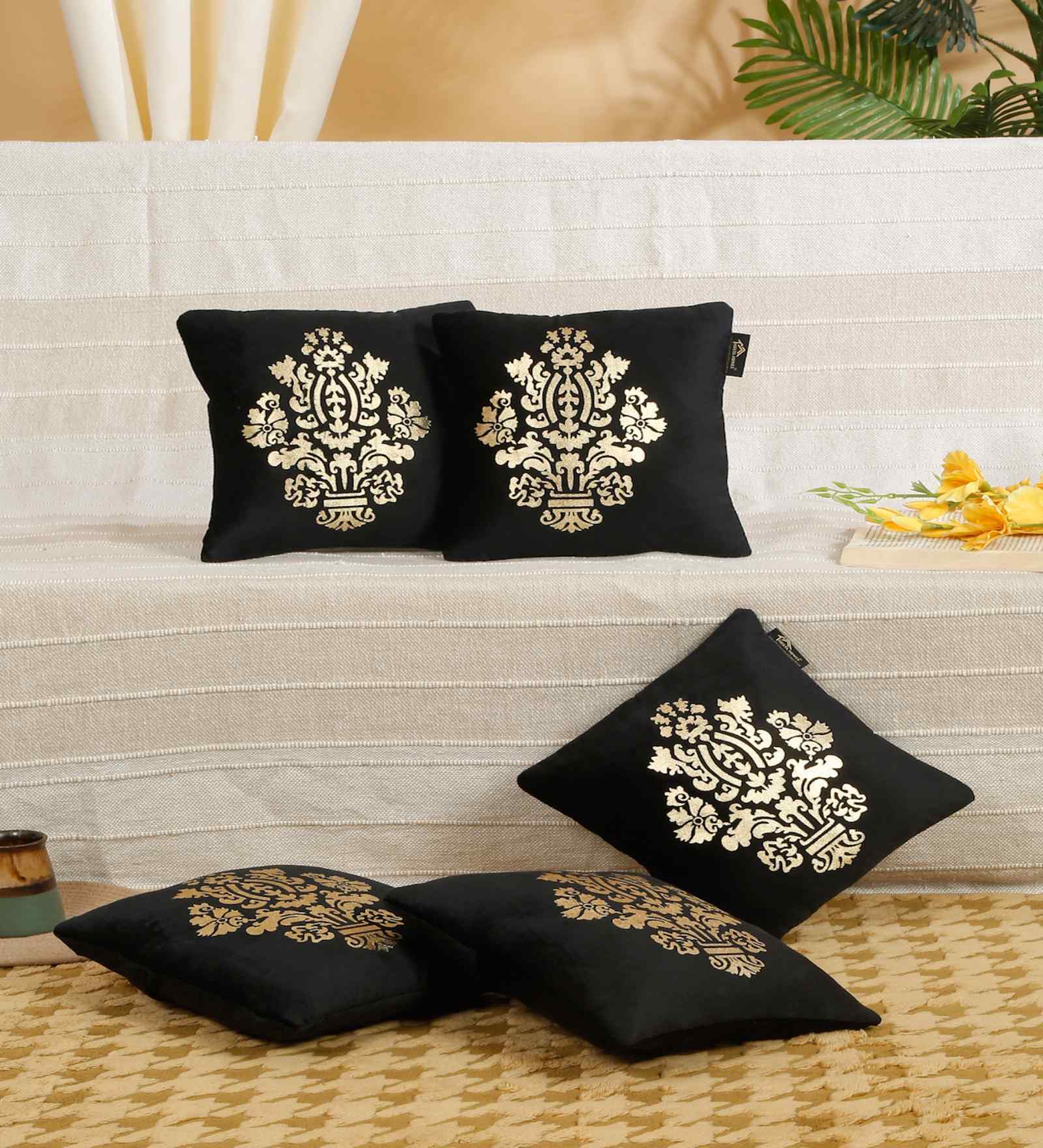 Black Velvet Traditional 12X12 Inches Cushion Covers (Pack of 5)