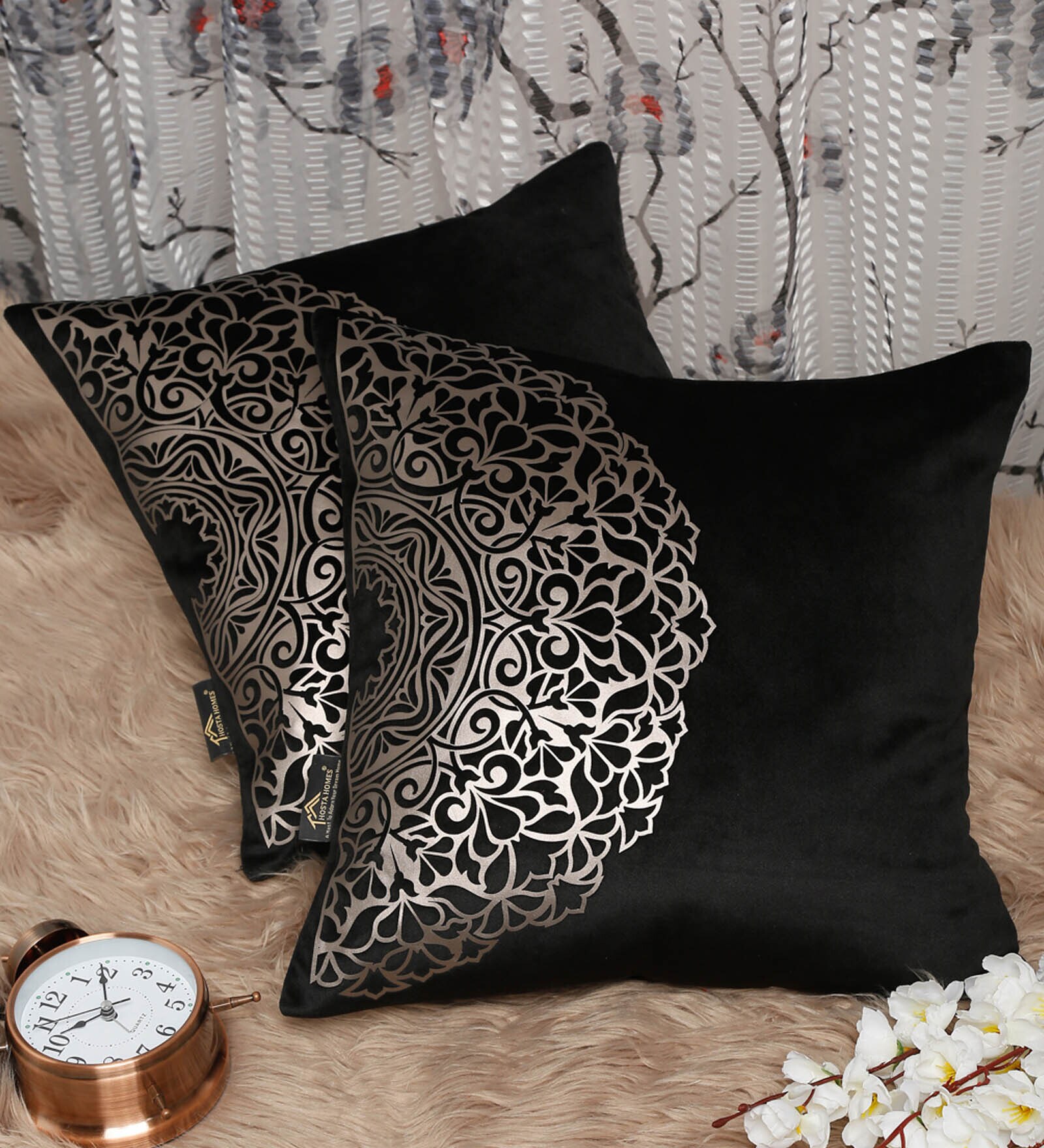 Black Traditional Velvet 16 x 16 Inch Cushion Covers (Set of 2)