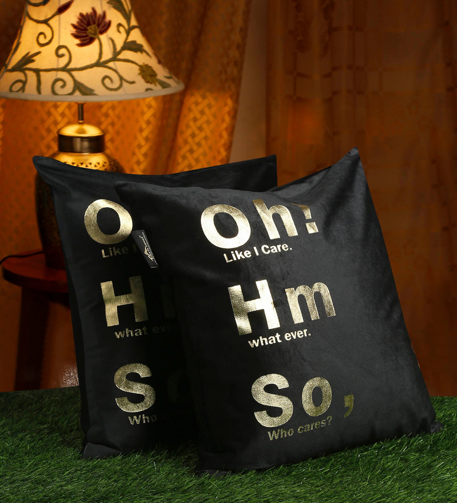 Black Quoted Velvet 16 x 16 Inches Cushion Covers (Set of 2)