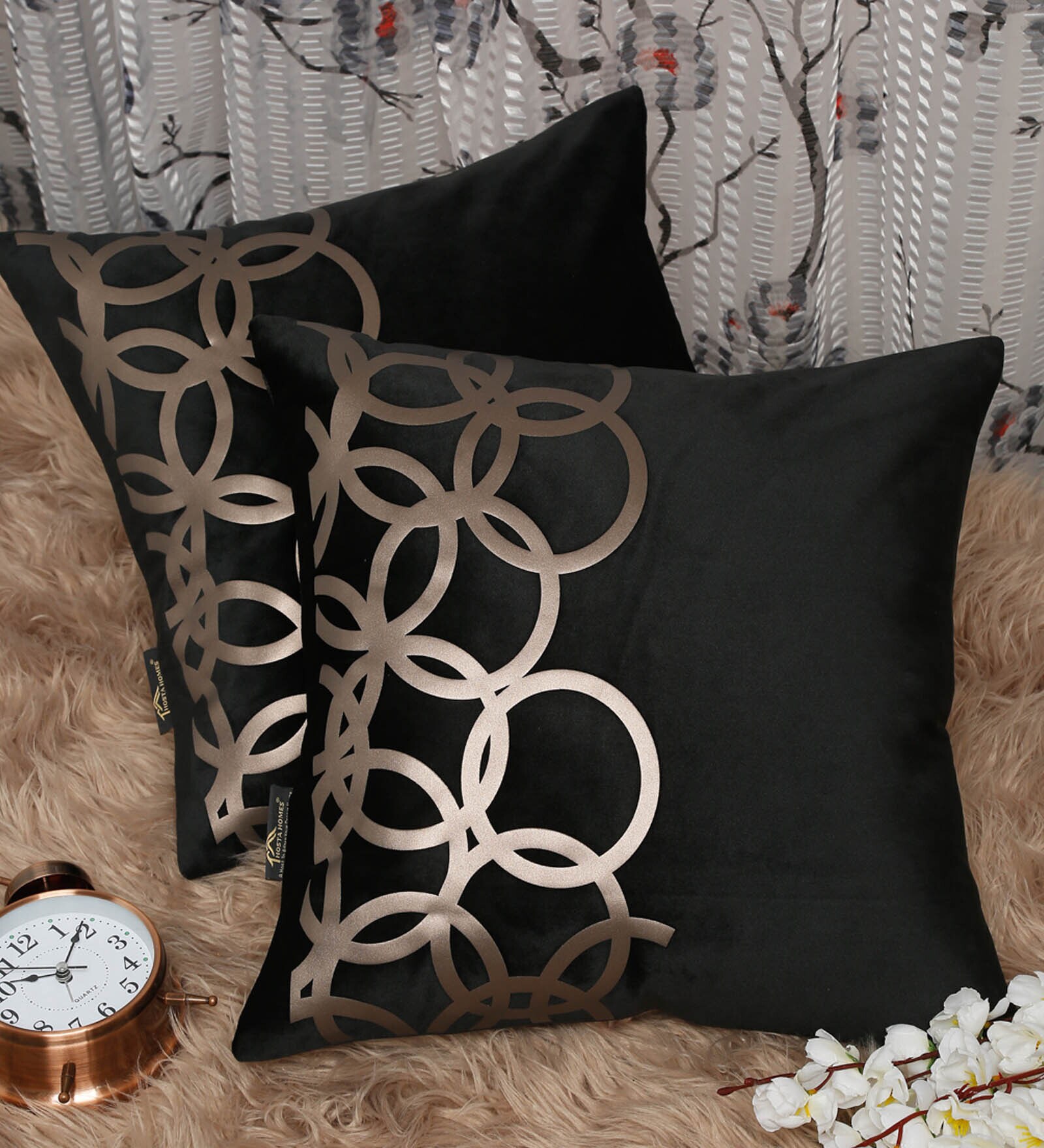 Black Geometric Velvet 16 x 16 Inches Cushion Covers (Set of 2)