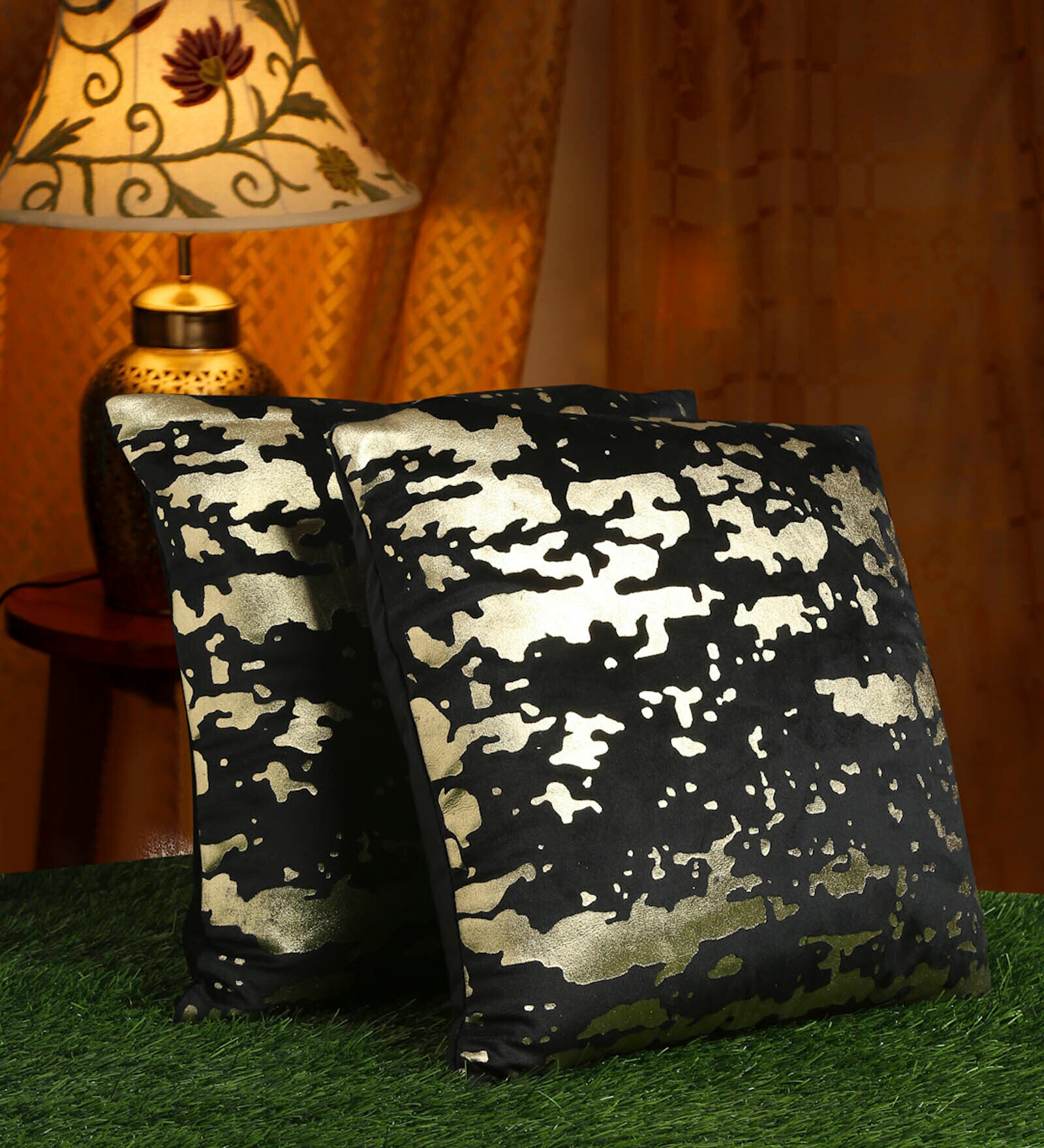 Black Abstract Velvet 16 x 16 Inches Cushion Covers (Set of 2)