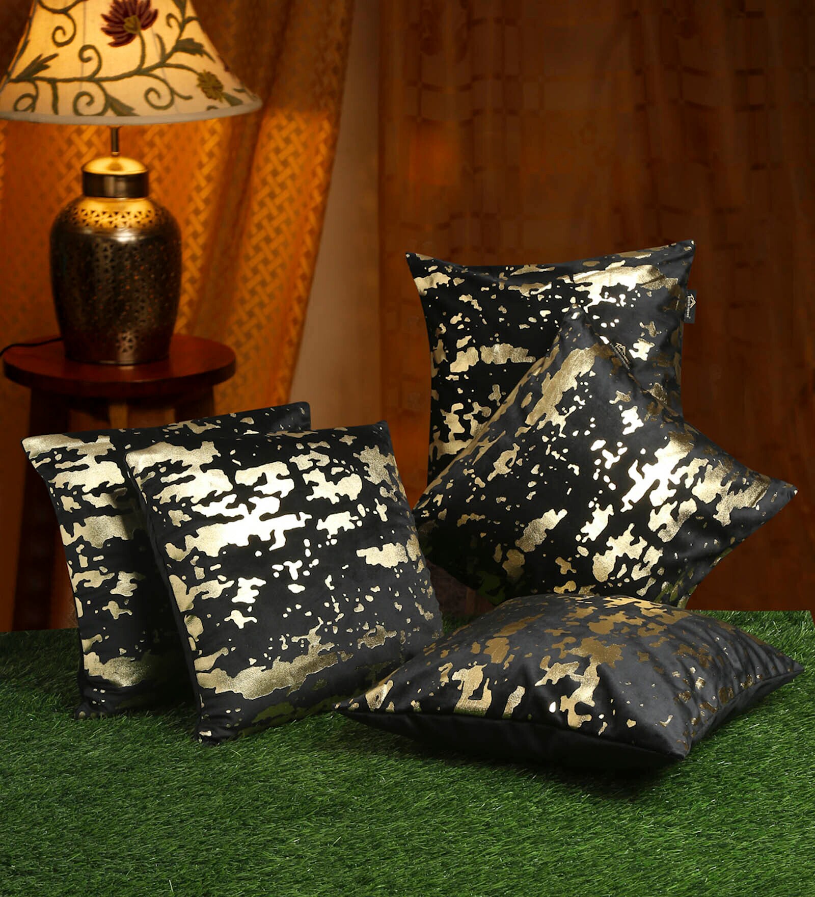 Black Abstract Velvet 16 x 16 Inches Cushion Covers (Set of 5)