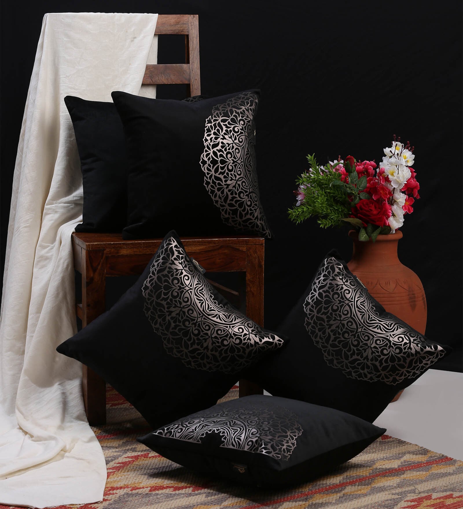 Black Traditional Velvet 16 x 16 Inch Cushion Covers (Set of 5)