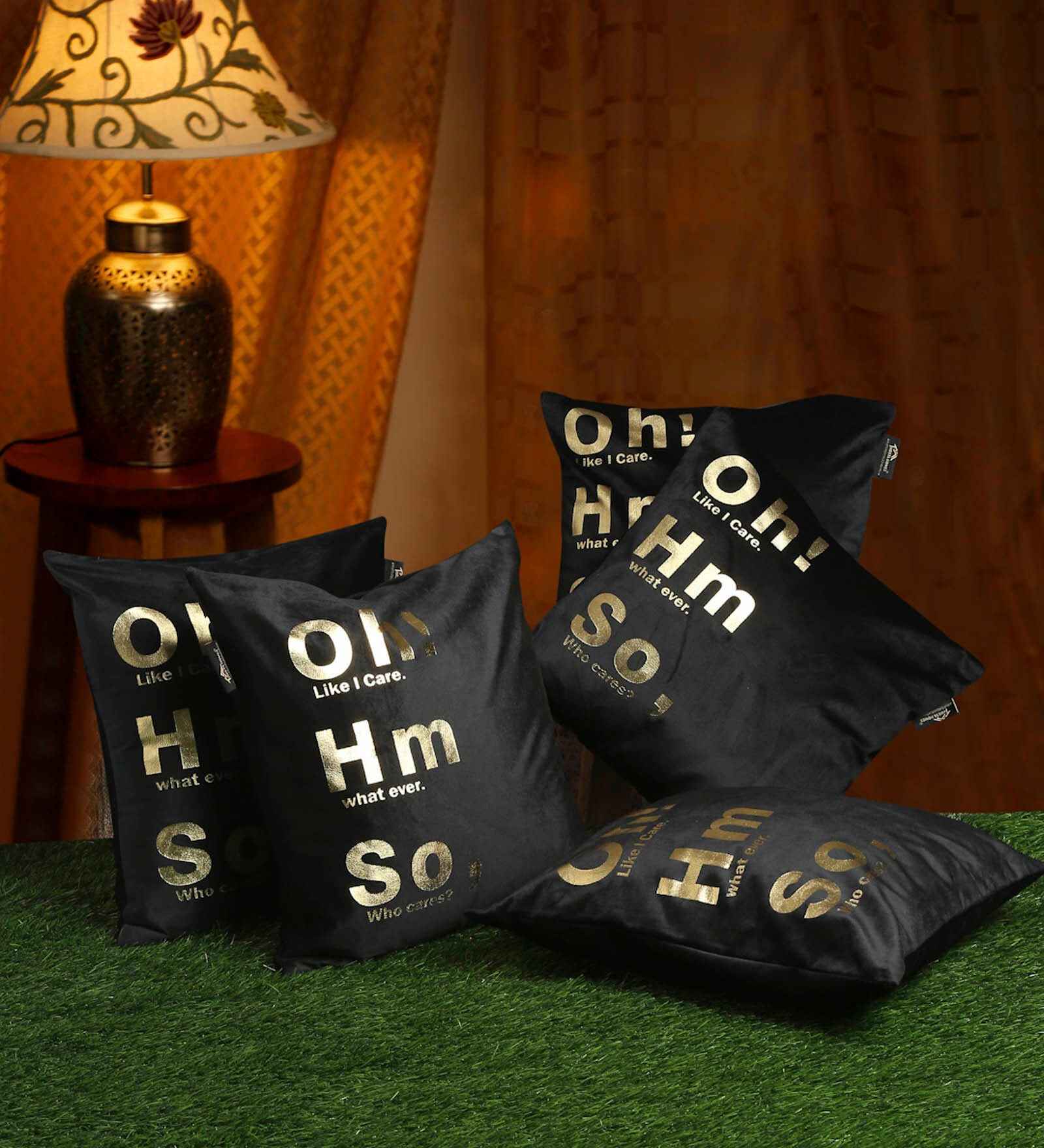Black Quoted Velvet 16 x 16 Inches Cushion Covers (Set of 5)