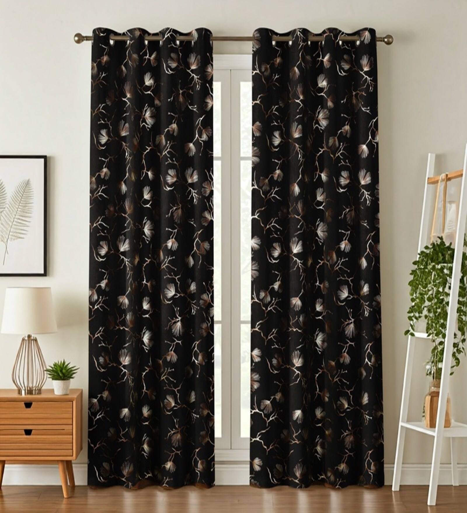 Black Velvet Leaf Print 7Ft Ring Top Door Curtains Pack of  2