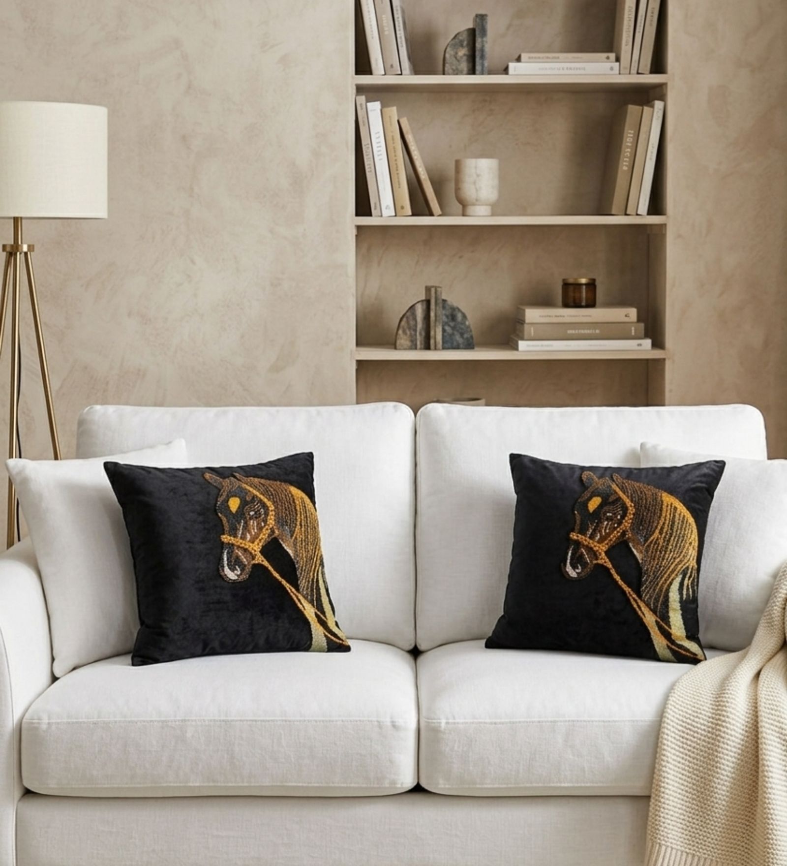 Black Velvet 16 x 16 Inches Horse Print Swarovski Cushion Covers (2 Pieces)