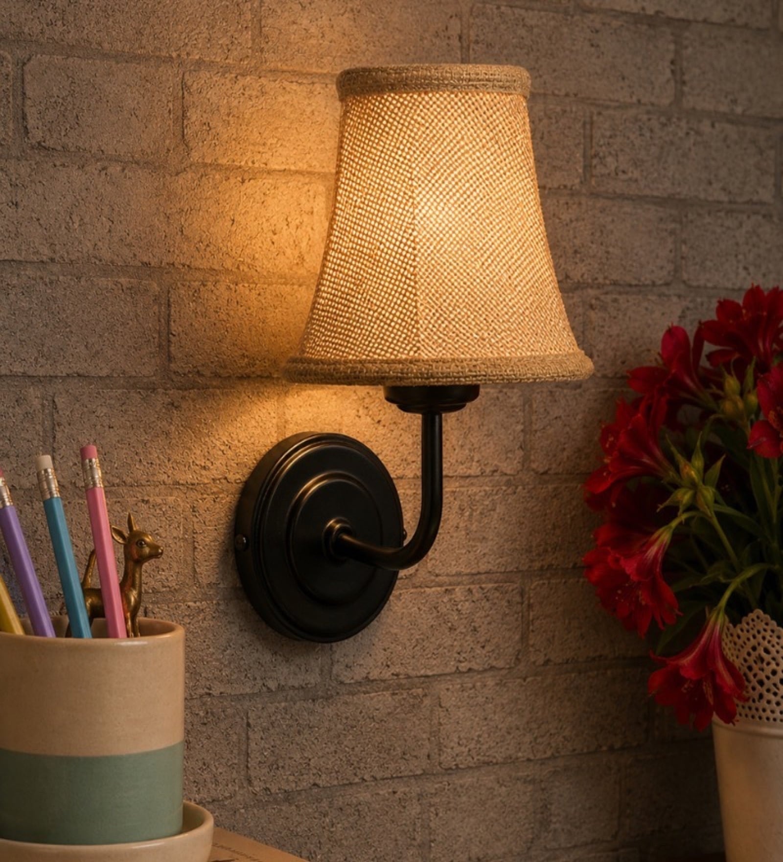 Black Wall Mounted Lamp with Beige Jute Shade & Dining Area